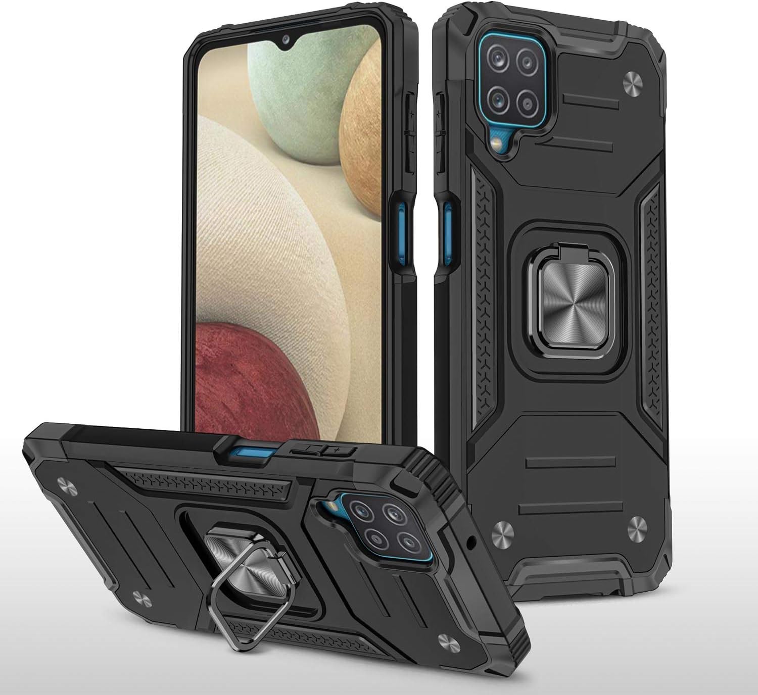Compatible with Galaxy A12 Case, Heavy Duty Case with Magnetic Car Mount Kickstand Armor Anti-Scratch Bracket Cover for Samsung Galaxy A12, Black