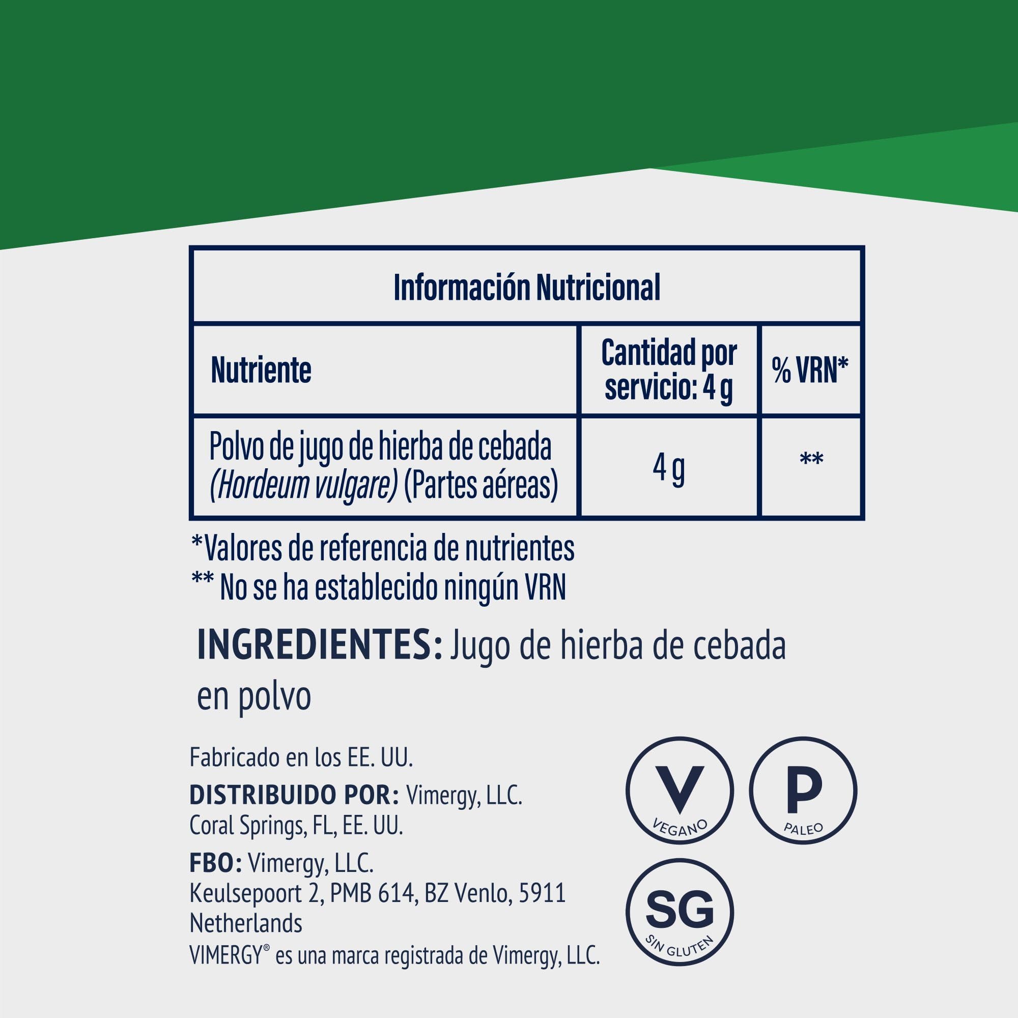 Vimergy Barley Grass Juice Powder – 250 g, 62 Dosis – Jugo de Hierba de Cebada en Polvo – Suplemento Vegano – Fórmula sin Agentes Antiaglomerantes, Rellenos, Saborizantes ni Azúcar – Sin OMG ni Gluten