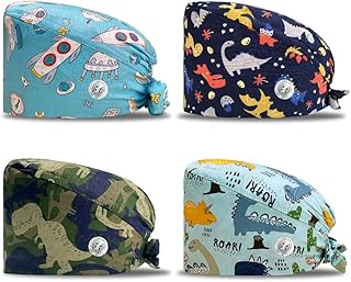 niaahinn 4PCS Mdical Head Caps Button Bouffant Hats Adjustable Printed Sweatband Nursing Hats for Women Men (12031-12239-12284-12291)