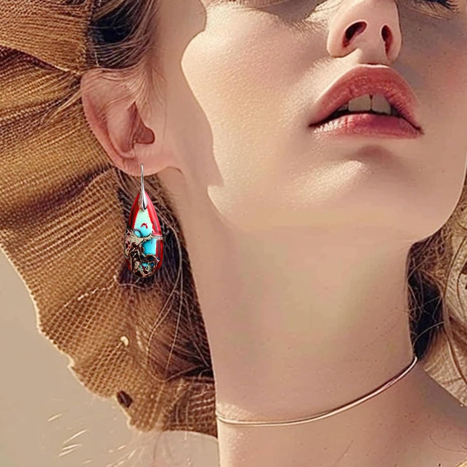 Natural Healing Stone Fishhoop Dangle Drop Earrings, Statement Teardrop Gold Earrings Boho Waterproof Hypoallergenic Colorful Emperor Stone Dangle Vintage Jewelry - Image 2