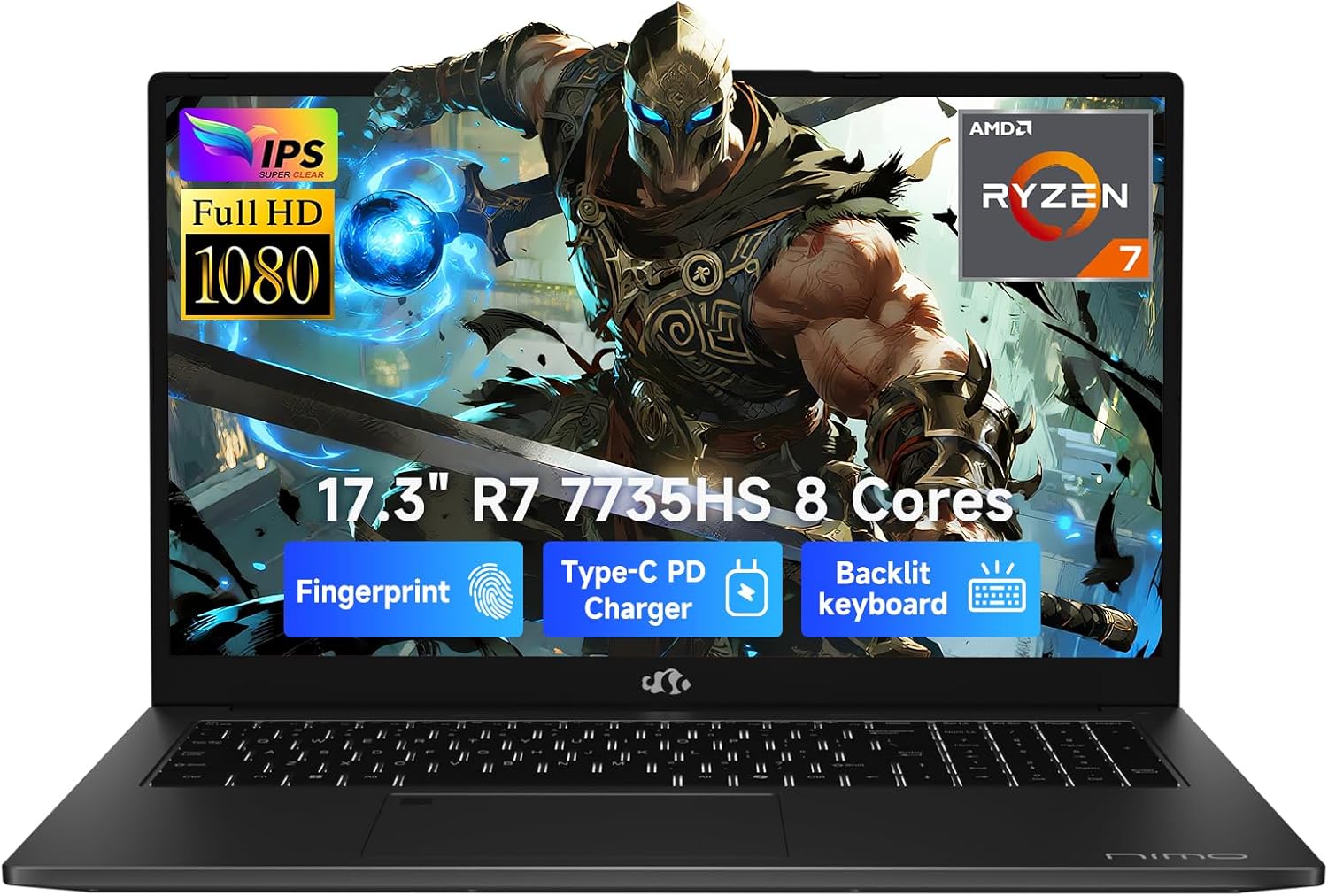 NIMO 17.3" Laptop, AMD Ryzen 7 7735HS (8C/16T, Up to 4.75GHz), 16GB DDR5 RAM, 512GB PCIe 4.0 SSD, 100W PD Fast Charging, FHD Display, Backlit KB, Fingerprint, SD Card Reader, Windows 11 Home