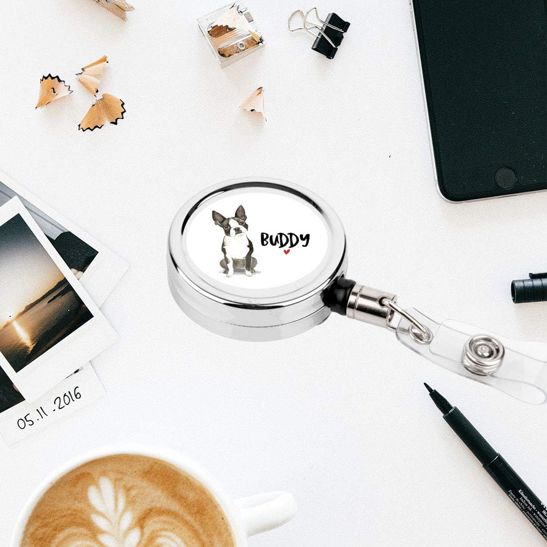 Andaz Press Retractable Badge Reel Holder with Clip, Heavy Duty Metal Name Tag Retractable ID Key Belt Clip Boston Terrier, Custom Name Pet Dog Lover