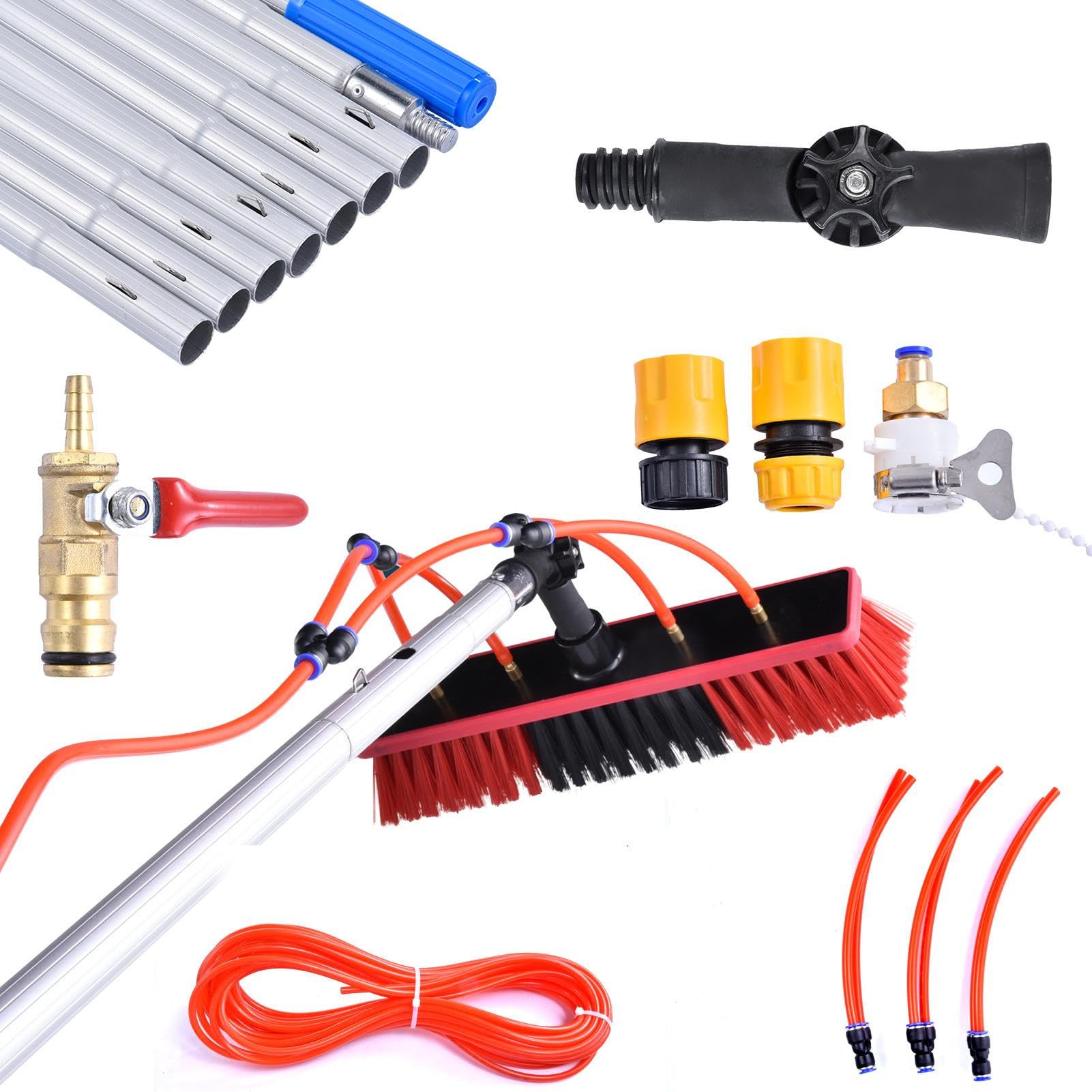 Kit de limpieza de paneles solares, limpieza de paneles solares, limpiador de cepillos ajustable, herramientas de lavado de ventanas giratorias con manguera de 20 m para limpiar coches, furgonetas