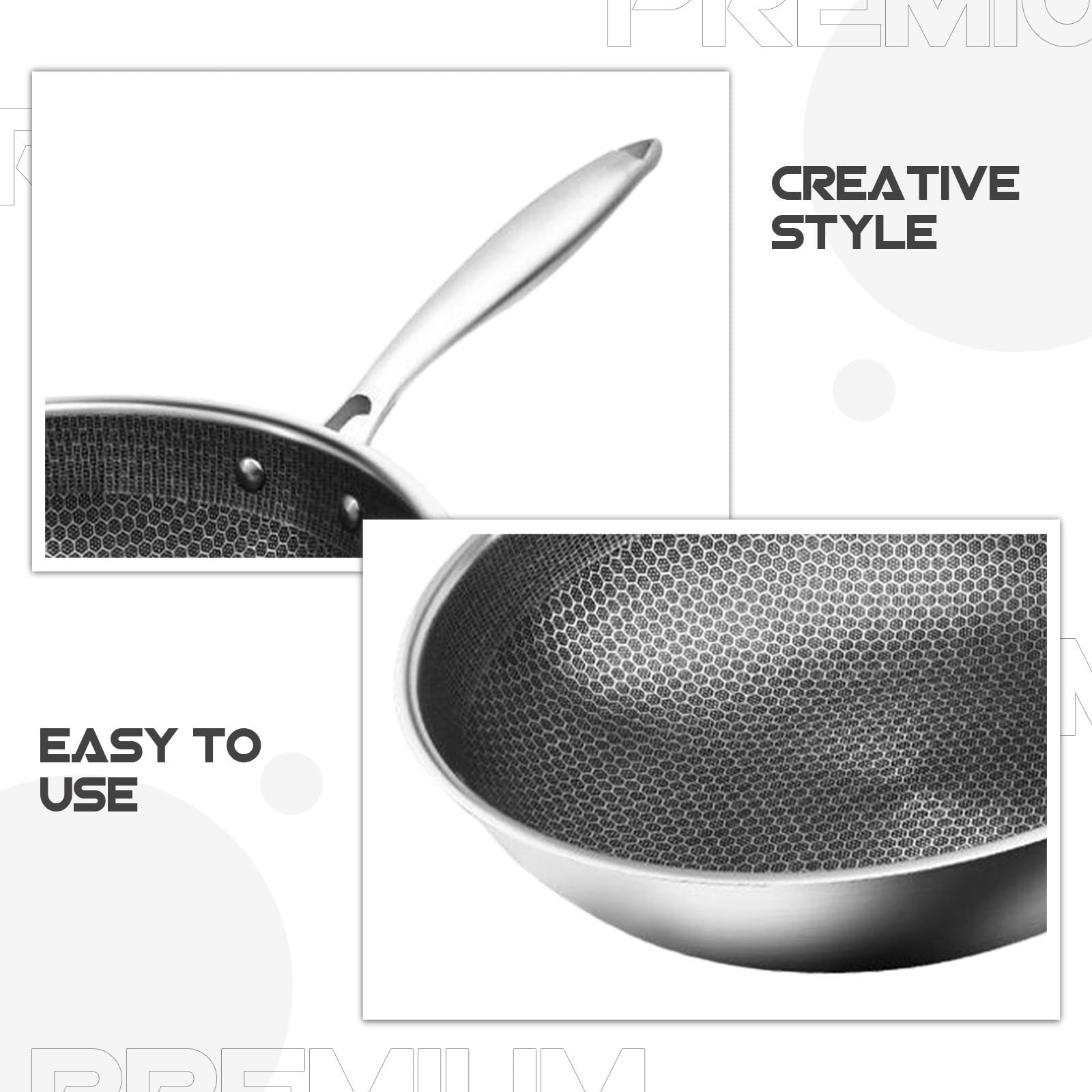 jojofuny Wok in Acciaio Inossidabile con Finitura a Nido D'ape, Padella Profonda Versatile per Cucina su Fornelli a Gas, Distribuzione Uniforme del Calore, Manico Ergonomico