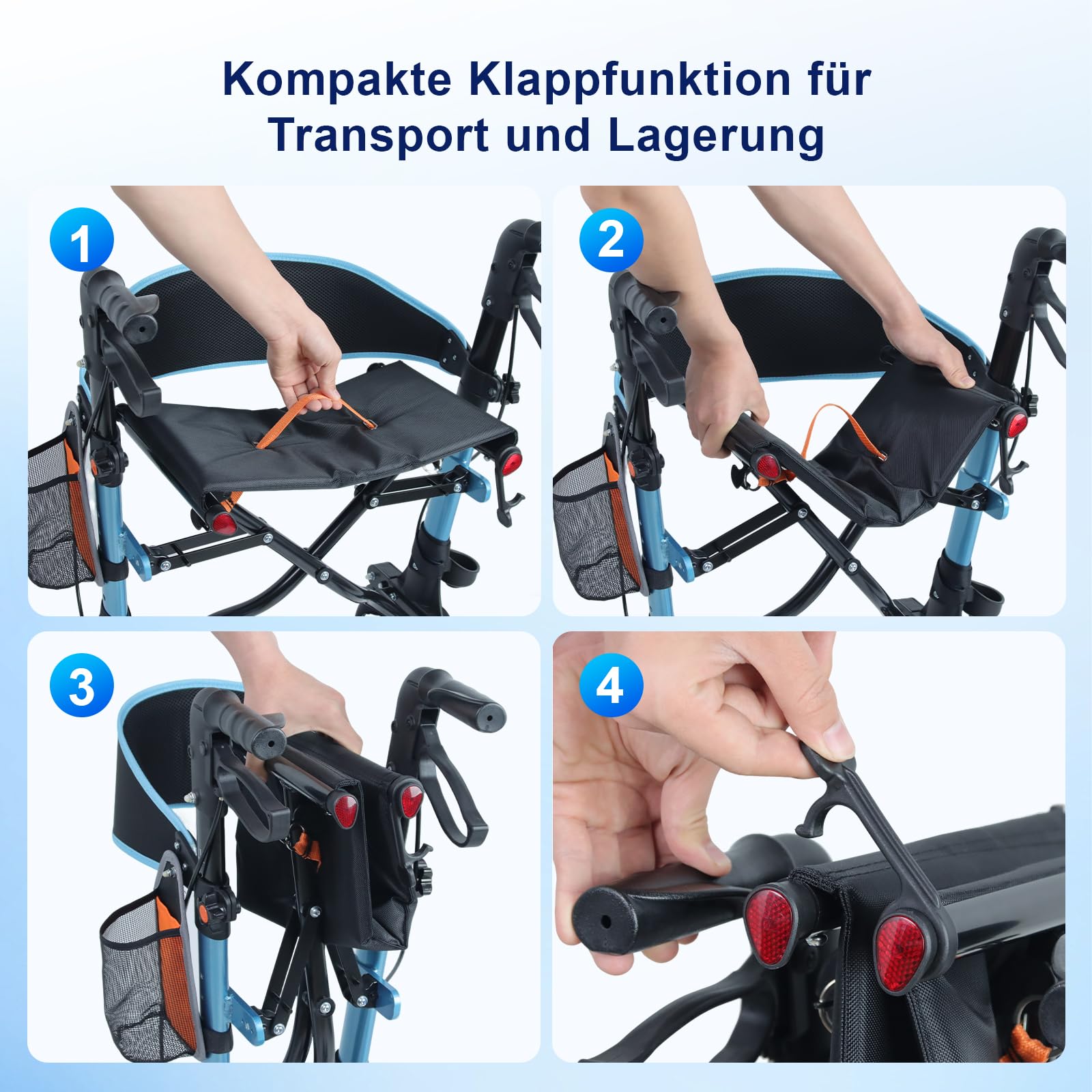 Rollator Faltbar mit Sitz für Senioren, Leichter Rollatoren, Blau | Faltbarer All-Terrain-Rollator mit Sitz für Indoor-& Outdoor, Leichtgewicht Aluminium mit 20 cm Gummirädern