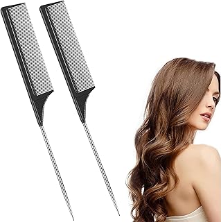 2 Pack Tail Comb,Rat Tail Comb,Salon Hairdressing Comb,Carbon Fiber Hair Comb Set,Fiber Heat Resistant Teasing Combs with Stainless Steel Pintail,for Hair Salon or Home Supplies