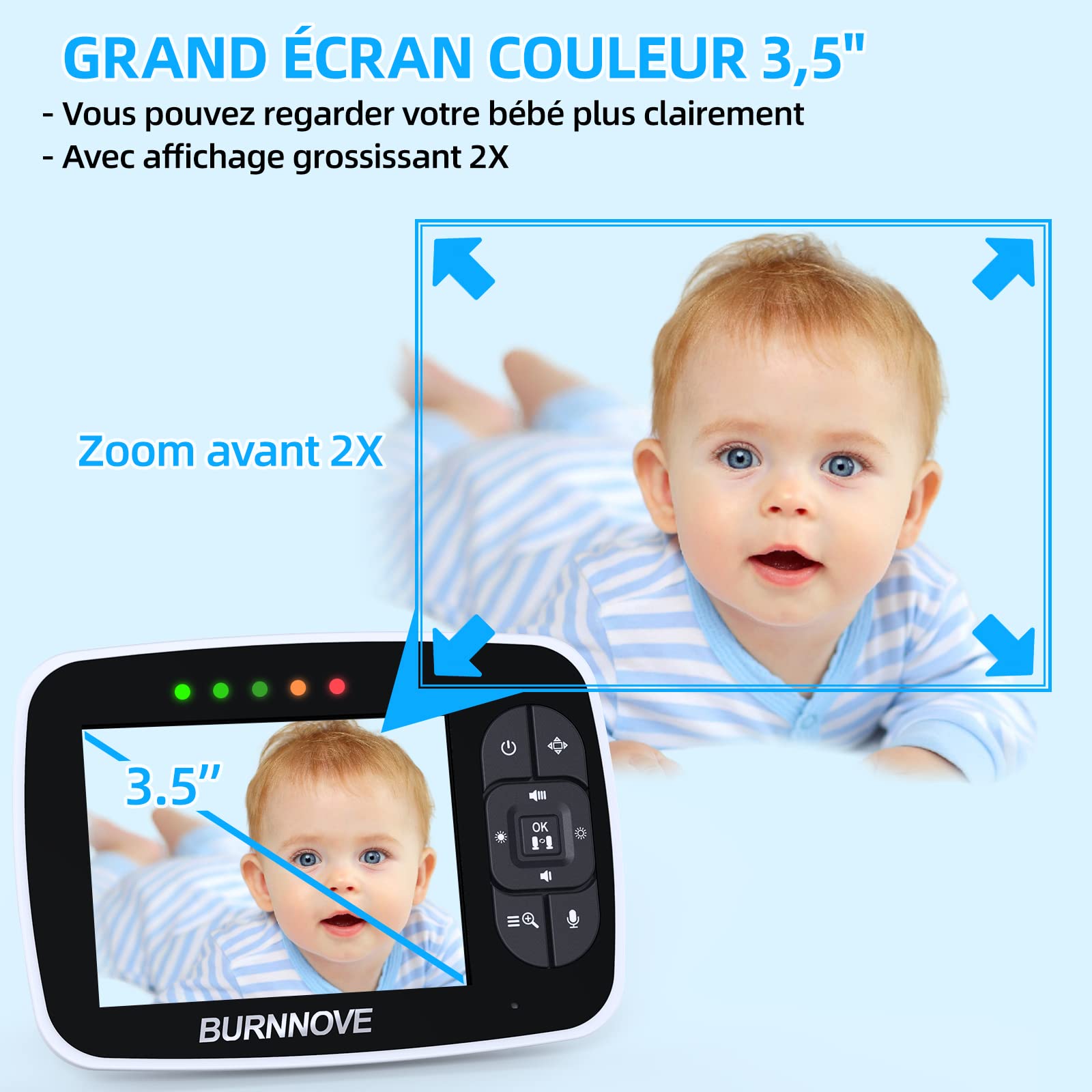 BURNNOVE Babyphone Camera Bébé 3,5 Pouces 720P PTZ ECO sans WiFi | Vision nocturne, caméra orientable 355°/120°, zoom 2X, audio bidirectionnel, température, 4 berceuses, 3 rappels