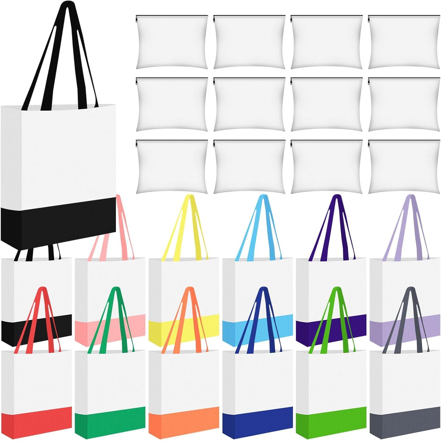MALLOOM Lot de 24 sacs fourre-tout en toile en gros, sacs vierges pour sublimation DIY avec trousse de maquillage zippée, pour cadeaux artisanaux de Noël, plage et voyage – Multicolore