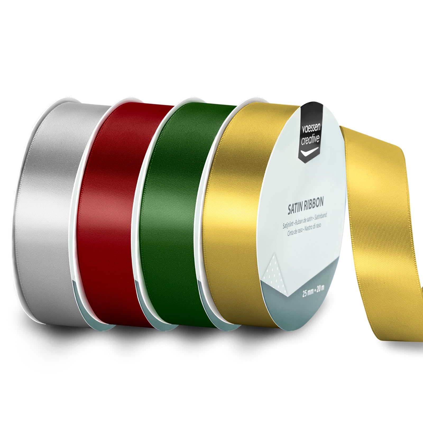 Vaessen Creative Satin Ribbon Set - 4 Christmas Colours of 32.8 ft x 1" - Silver, Green, Red & Gold - Thin Ribbon for Gift Wrapping and Crafting