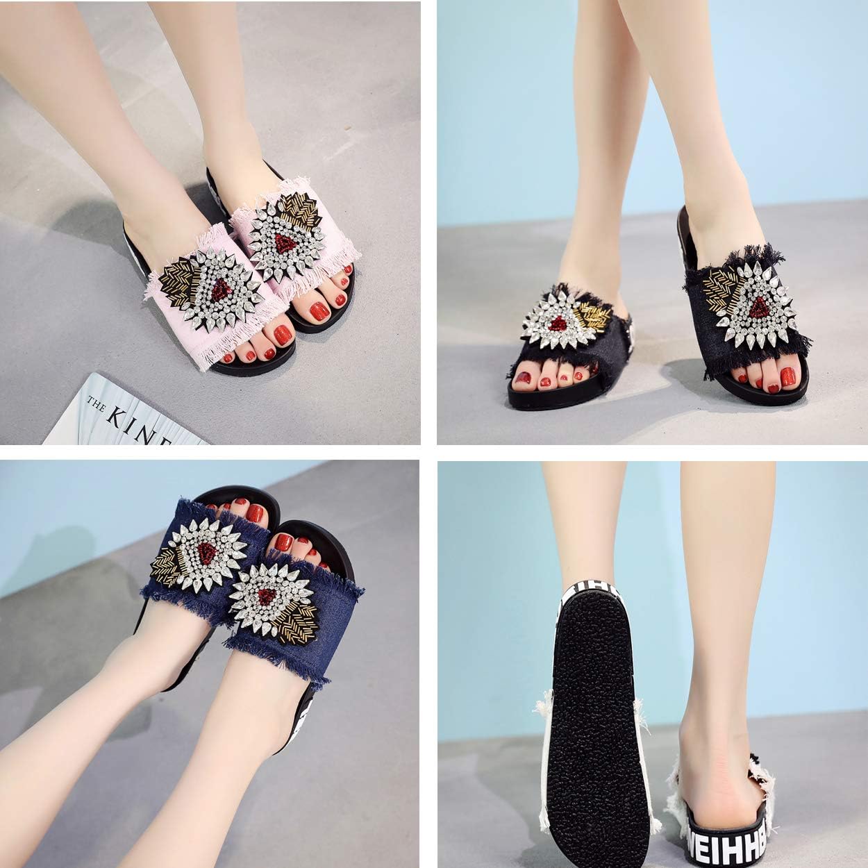 xsby Womens Slide Sandals Slip on Cute Denim Upper Outdoor Indoor