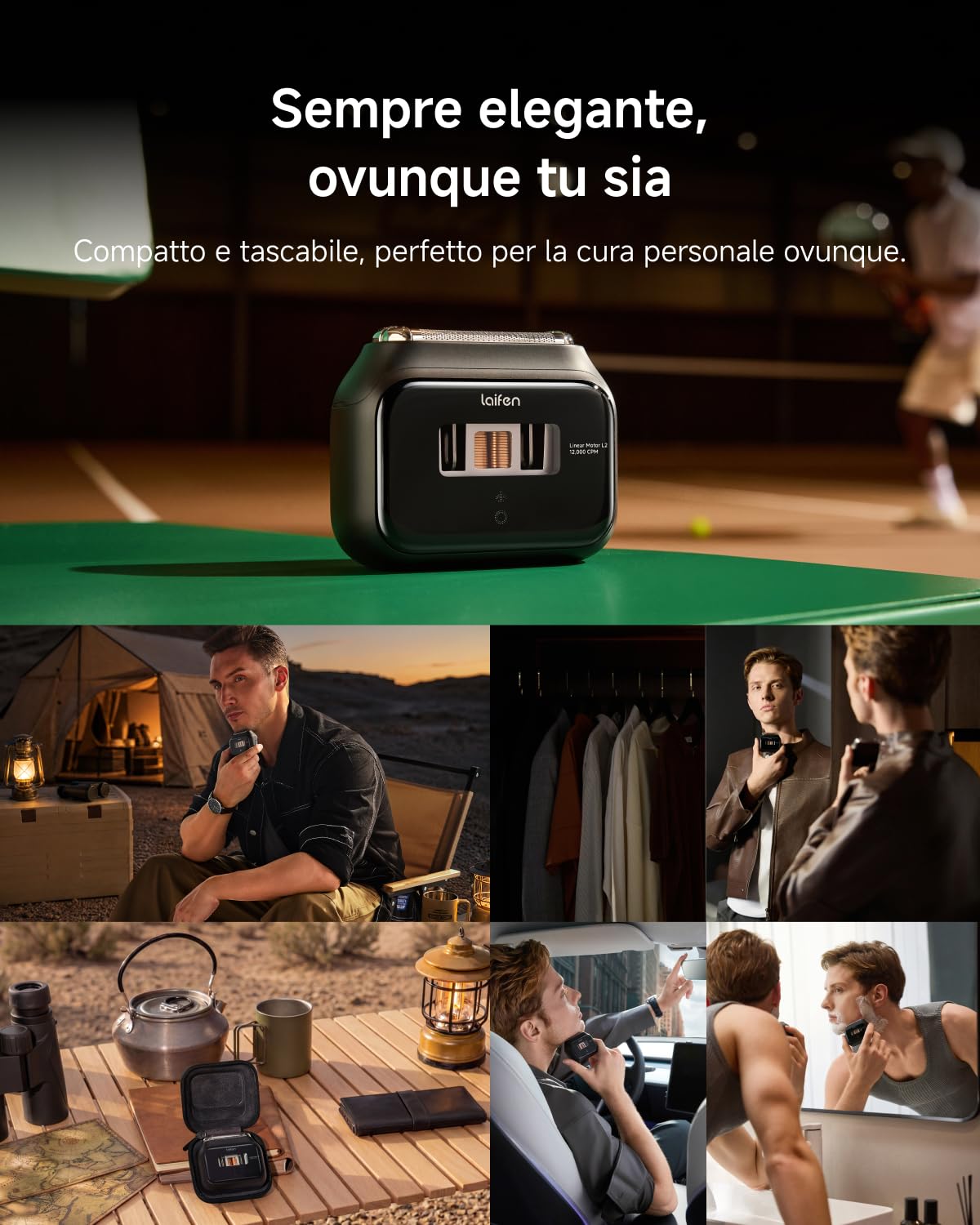Laifen P3 Bundle Rasoio Elettrico a Lamina a 3 Lame con Accessori, Nero | Motori Lineari 2×12.000 Tagli/min., Rasatura a Secco e a Umido, Lamina 0,055 mm, Batteria 100 min, USB-C, IPX7