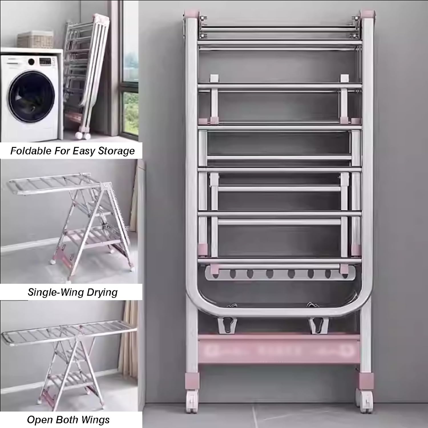 Drying Rack - Height-Adjustable, Foldable Double Laundry Dryer Stand, Portable Clothes Organizer with Wheels, 120Kg Load Capacity for Indoor and Outdoor Use,170x120x46cm