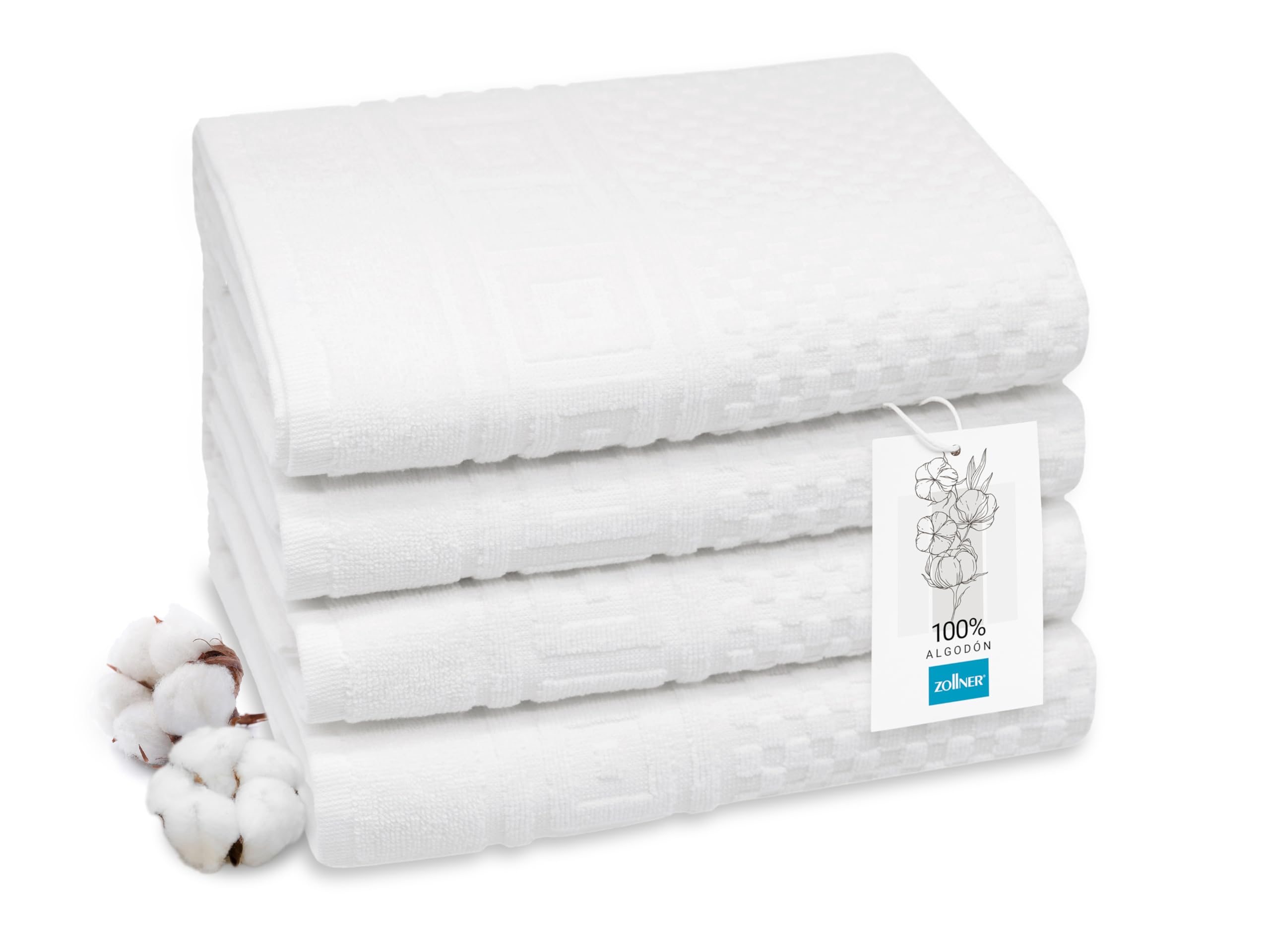 ZOLLNER Juego de 4 Toallas 50 x 100 cm - Suave y Absorbente, con diseño de gofre en Color Blanco - con Gancho - Lavable hasta 95 °C - algodón - Calidad hotelera - Certificado Oeko Tex®