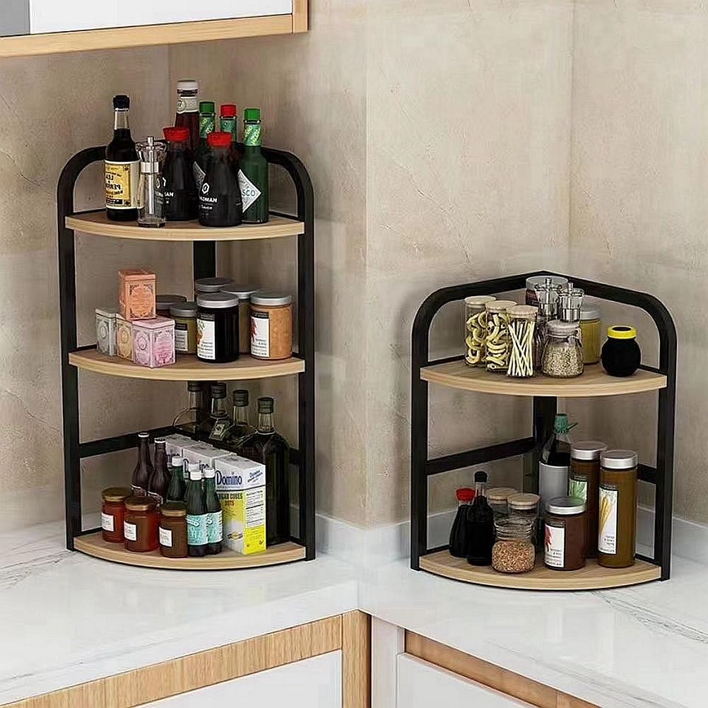 Mensola angolare per piano di lavoro da cucina, portaspezie, accessori da cucina, portaspezie triangolare in legno, organizer angolare da bagno/scrivania in ferro (2 ripiani)