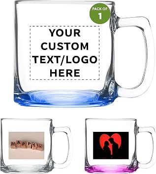 DISCOUNT PTOMOS Custom Small Glass Coffee Mugs 9 oz. Personalized - Perfect for Coffee, Tea, Espresso, Hot Cocoa, Other Beverages - Blue