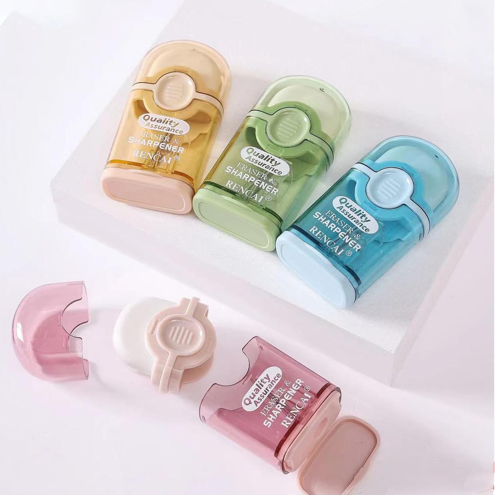 4 PCS Macaron Colored Rubber and Sharpener 2 in 1 Set, Sharpner, Pencil Sharpeners with Containers for Students Artists - Image 3