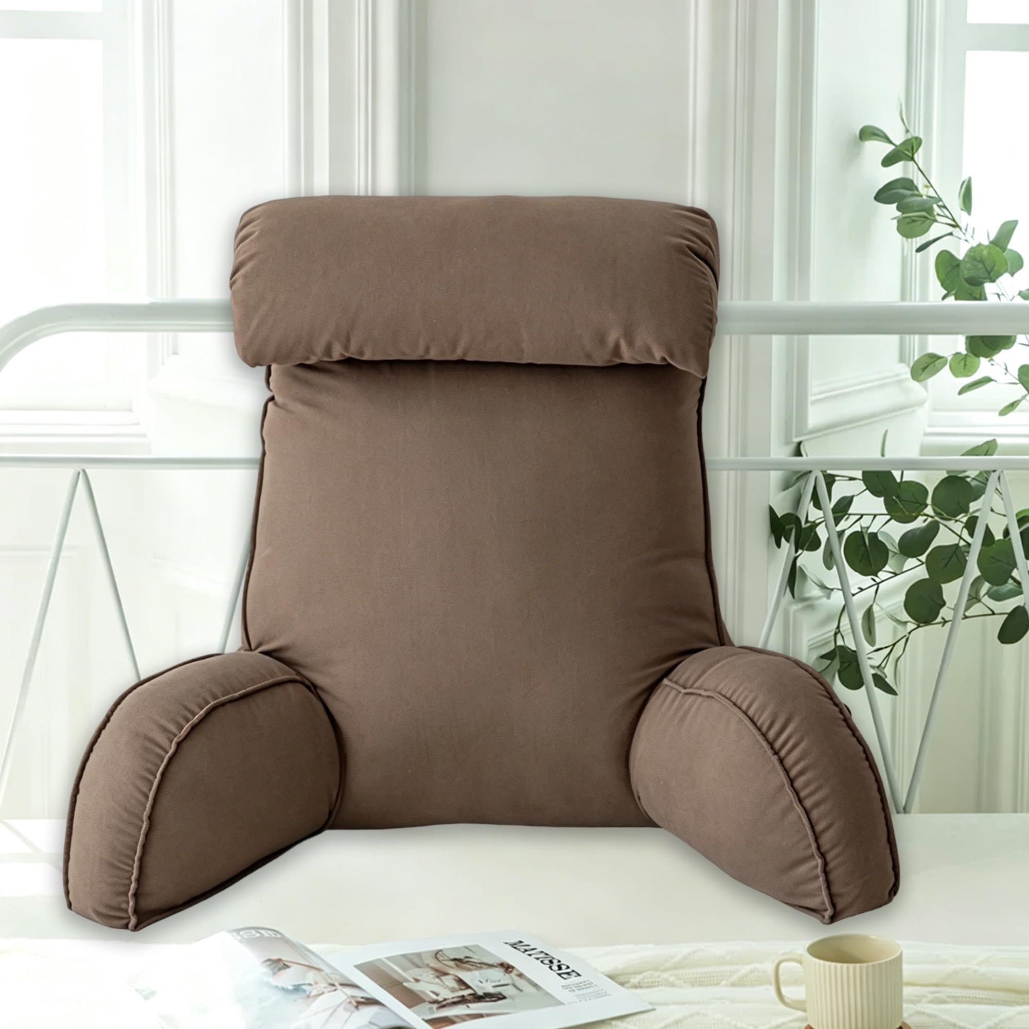 Hruile Brown Reading Pillow With Headrest, Back Arms Support Cushion For Adults And Kids, Backrest Pillow With Removable Cover, Cuddle Cushion For Sitting Gaming Relaxing (75×40×55Cm,)