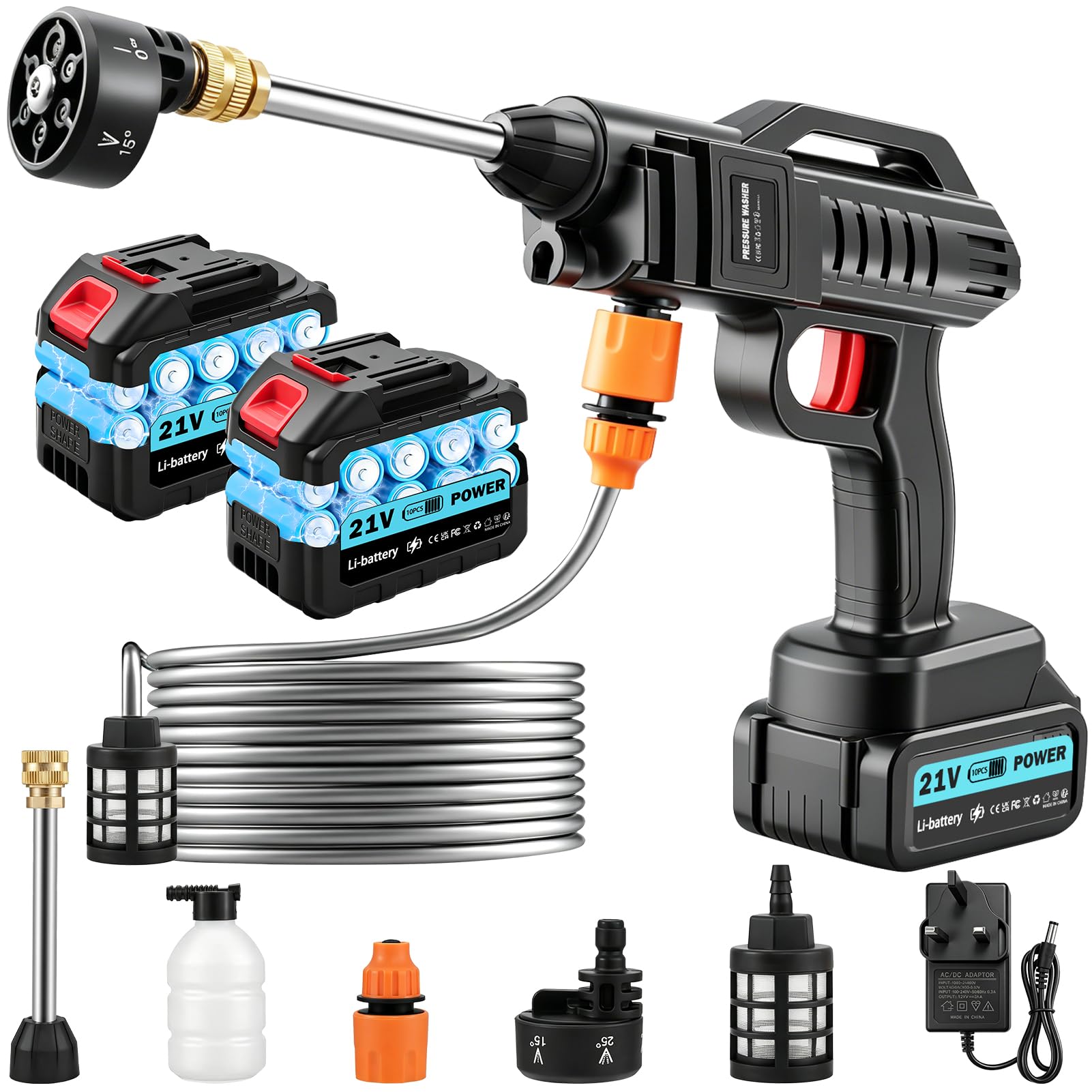 wowspeed Cordless Pressure Washer, Portable High Pressure Washer with Dual Battery & Charger, Cordless Jet Cleaner with 5M Hose, Water Filter, 6-in-1 Nozzle, High-Pressure Jet Wash for Car Garden