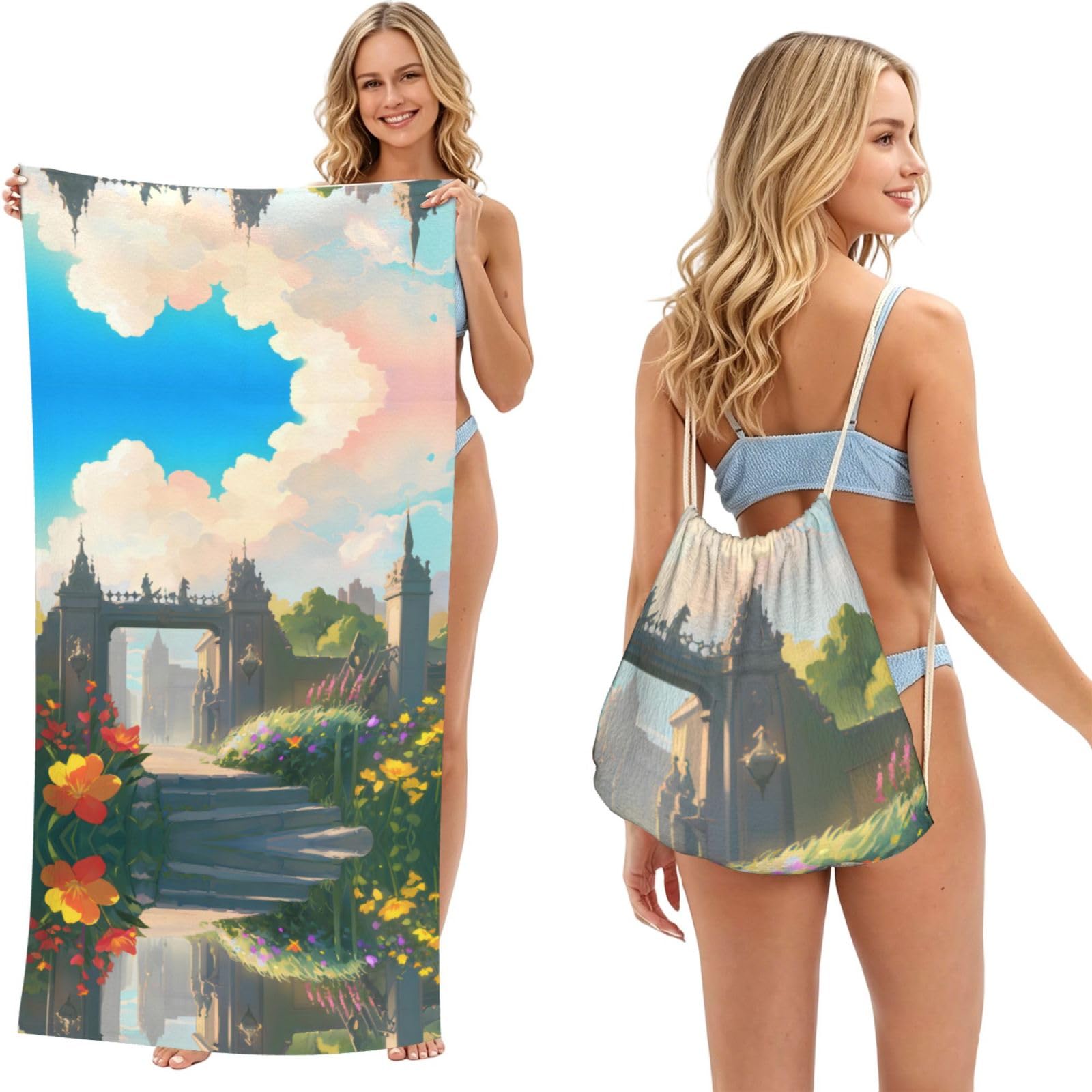SXZVVBN Outside the Castle Gate 2-in-1 Beach Towel Bag, Quick Dry Sand Free Travel Towel Backpack for Adults