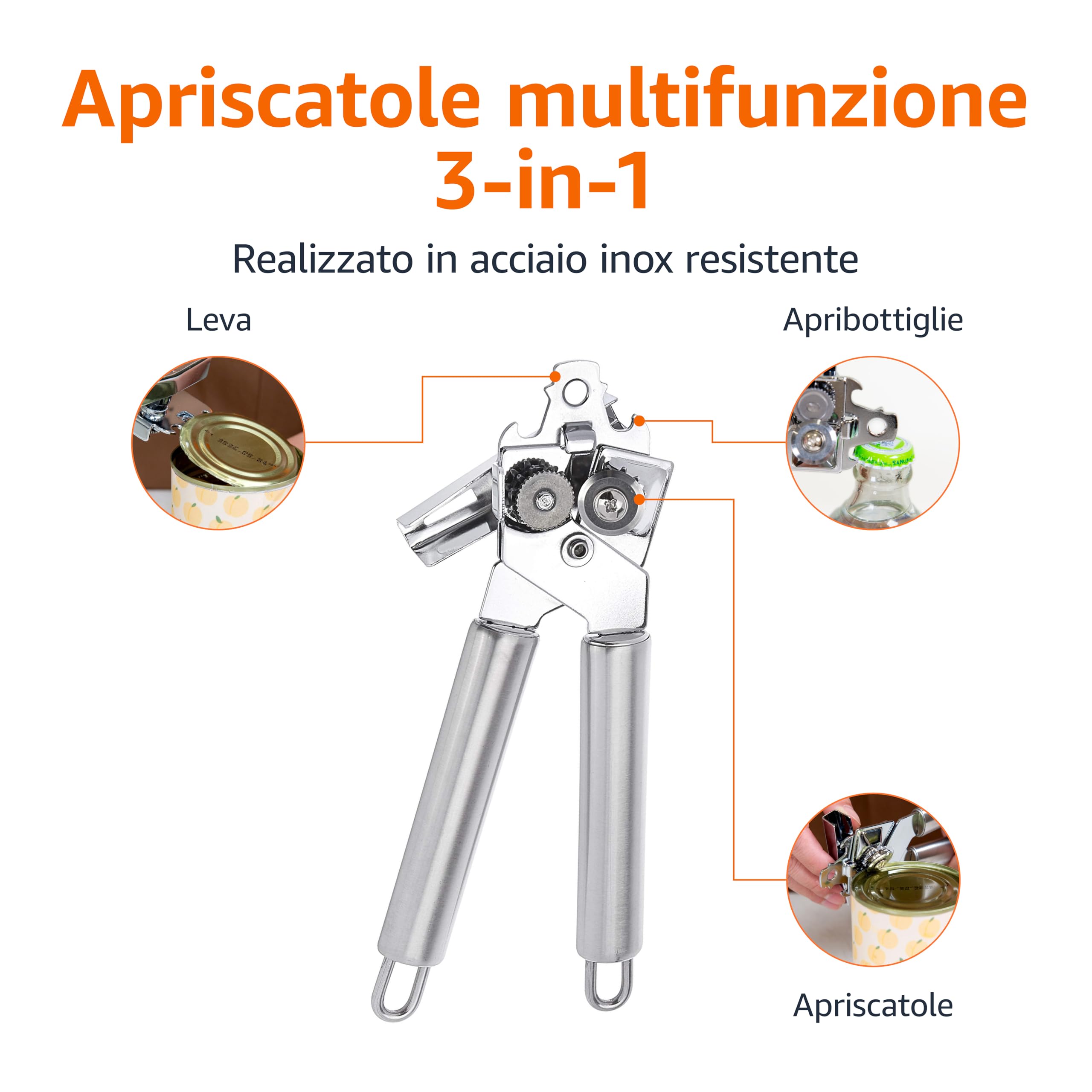 Amazon Basics Apriscatole manuale 3 in 1 in acciaio inossidabile con gancio