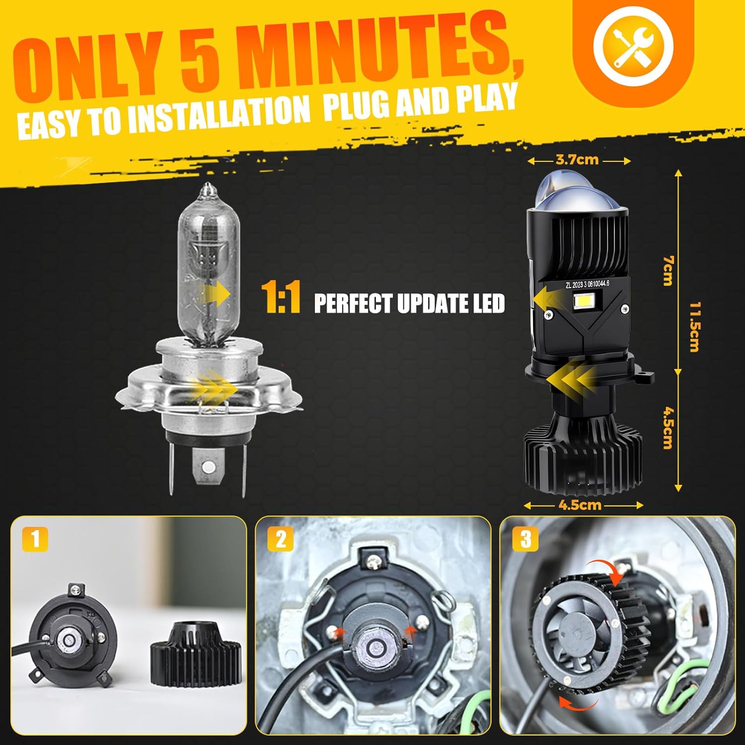 YUFANYA Y3-H4 Headlight Blub with Projector Lens Canbus Hi/Lo Beam,120W 30,000LM Extremely Bright 6000K White with Clear Cut Off Line,H4/9003/ HB2 Mini Hyperboloid Matrix Projector Lens Retrofit Kit