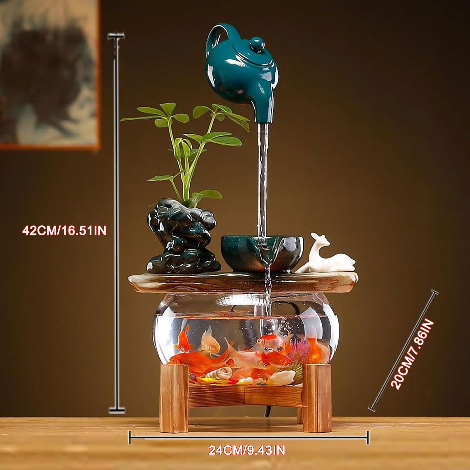 Small Indoor Water Fountains Tabletop Feng Shui Fish Tank with Fountain, Relaxing Zen Small Waterfall Fountain Indoor Tabletop Fountain for Home Office with 1 Spare Water Pump