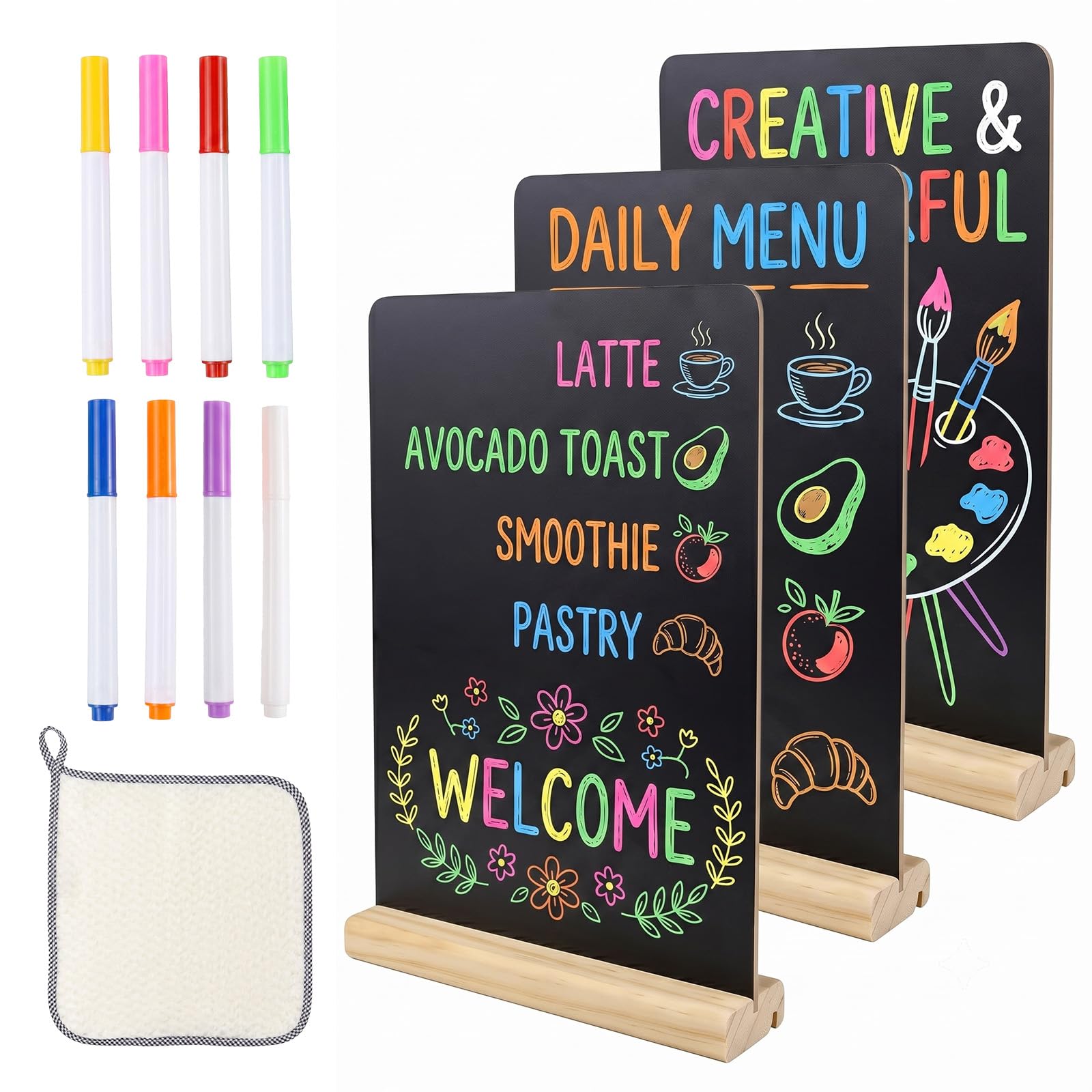 3-Piece Set Chalkboard A4 Stand (30 x 21 cm), Double-Sided Blackboards with Wooden Base, Includes Pens and 1 Cleaning Cloth, for Reserved Signs, Hospitality, Buffet Signs, and Price Tags