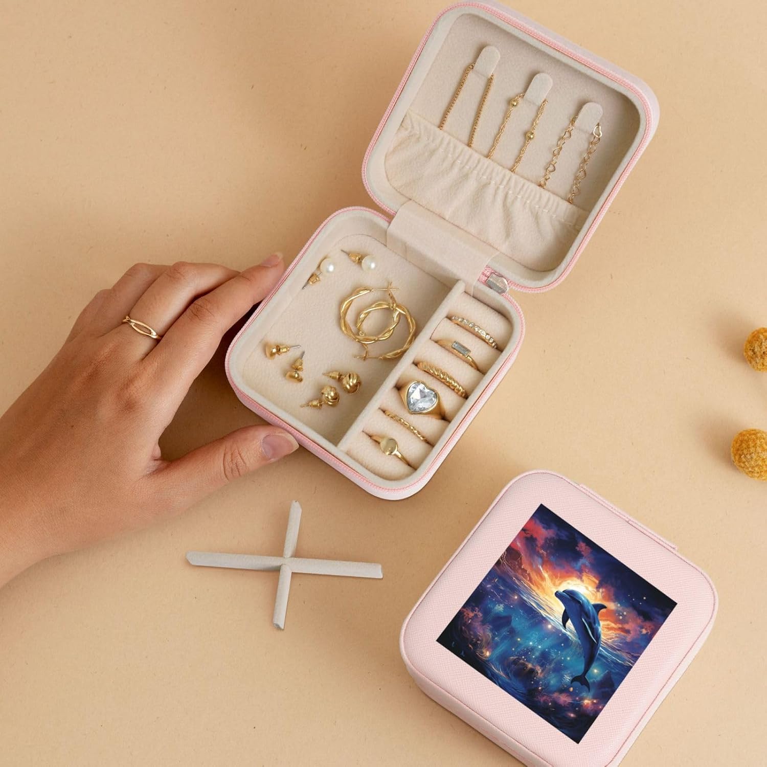 Travel Jewelry Box Leather Small Jewelry Organizer for Women,Portable Jewelry Case Colorful Starry Sky Ocean Dolphin Display Storage Holder Boxes Mini Jewelry Travel Case for Necklace Rings image 5