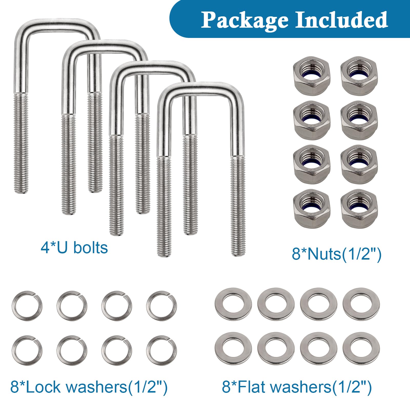 Stainless Steel 1/2" U-Bolt 2-1/16" X 4-13/16" Square - Trailer Depot