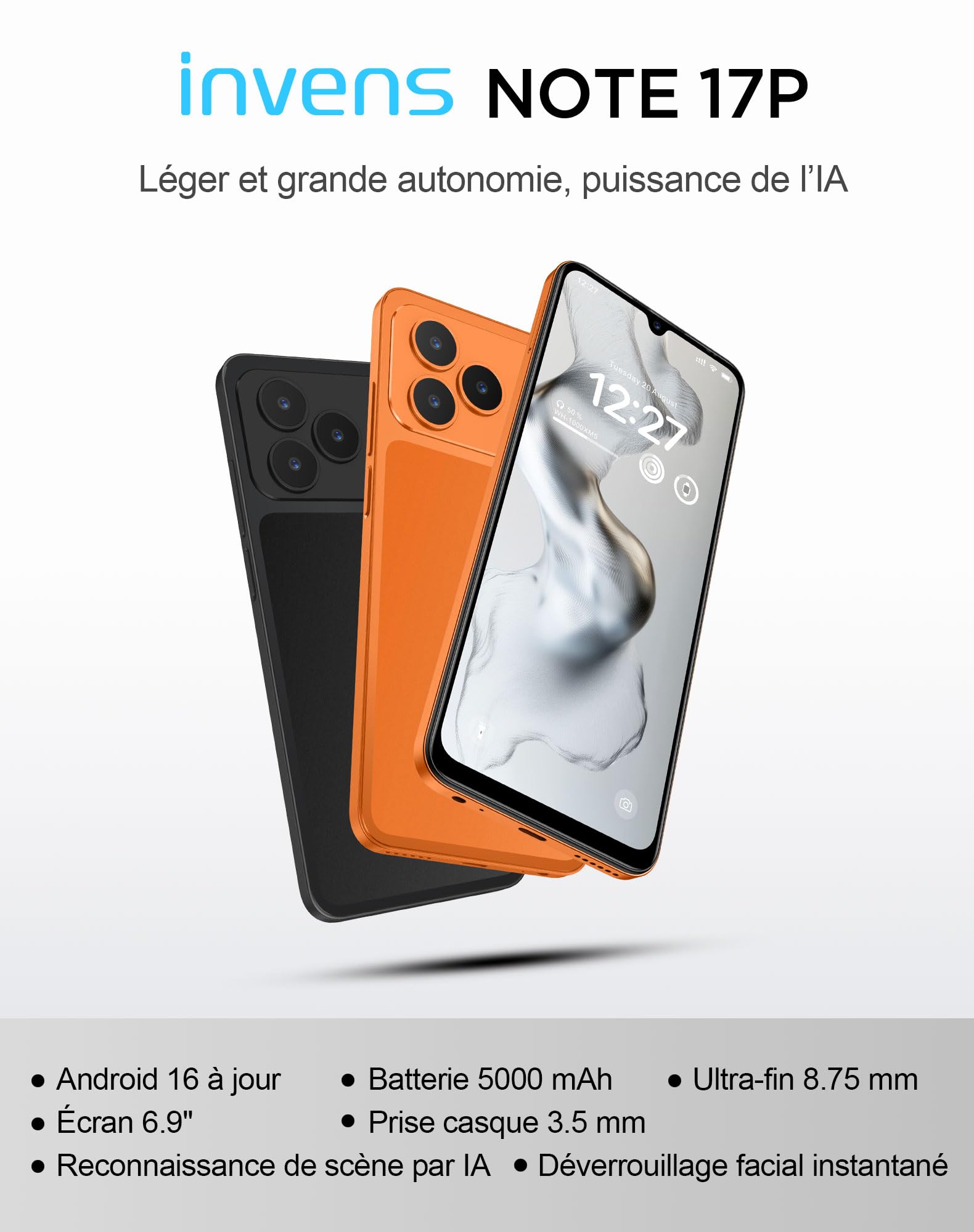 invens Note 17P Téléphone Portable Pas Cher, 20(4+16) Go+64Go Rom(TF 256Go) Smartphone, 16MP+8MP caméra, Écran 6,9" HD+, Batterie 5000mAh, téléphone Portable Débloqué, Telephone Pas Cher sans Forfait