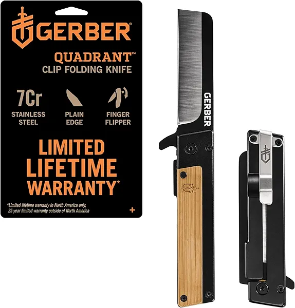 Gerber Gear Quadrant Clip Folding Pocket Knife, EDC Plain Edge Flipper Knife with Pocket Clip, Gifts for Men, Stainless Steel Survival Tool, Bamboo