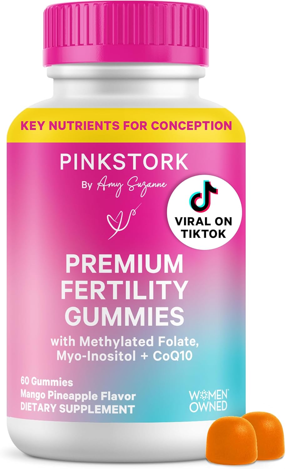 Pink Stork Premium Fertility Gummies | Fertility Supplements for Women with CoQ10, Myo-Inositol + Prenatal Vitamins | Conception Support | Hormone Balance for Women, Ovarian Care - 60 Gummies