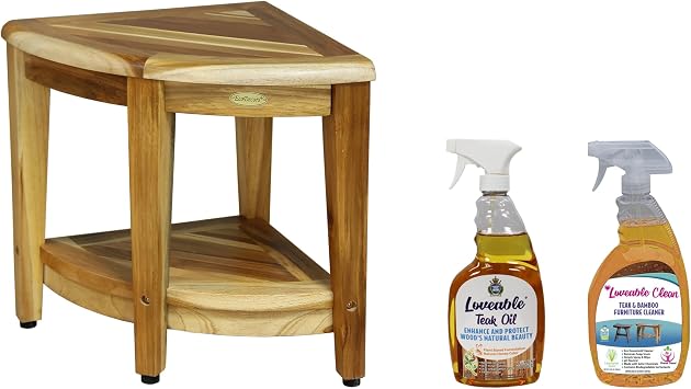 EcoDecors Corner Teak Shower Bench with Shelf & Care Kit, 300 lb
