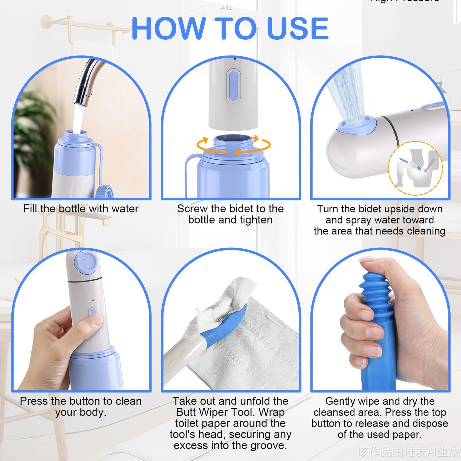 Portable Bidet Toilet Aids Wiper Tool Set for Travel | 350ML Bottle | 450mAh Battery | IPX7 Waterproof |Compact & High-Powered with 2 Pressure Modes for Wiping and Personal Hygiene (Blue, Ultra)