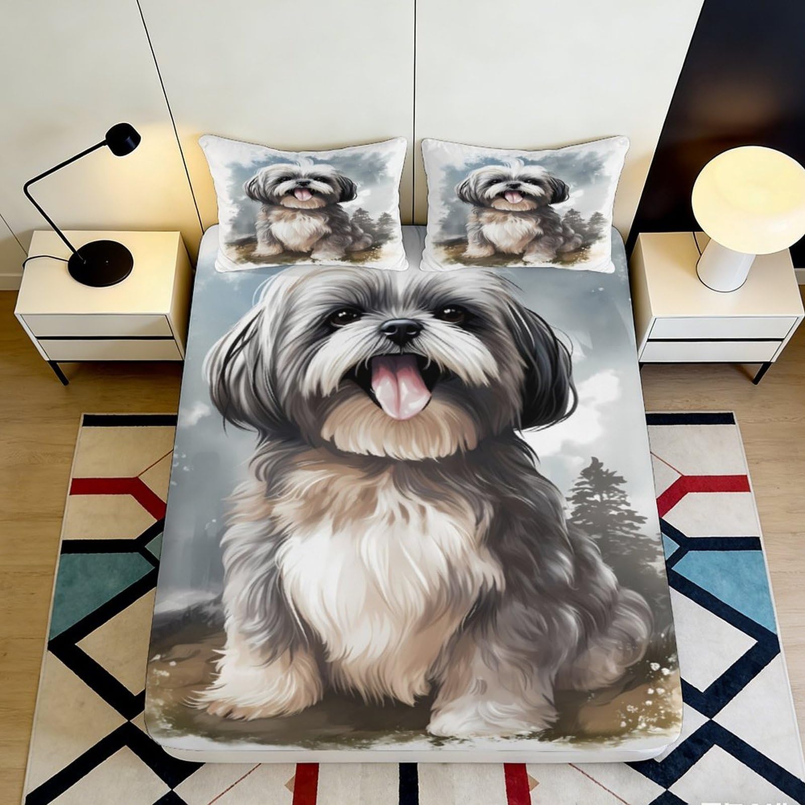3D Printed Shih Tzu Dog Fitted Sheet Microfiber Grey Cartoon Bed Cover for Bedroom Guest Room Mattress Decor 90x200x25cm