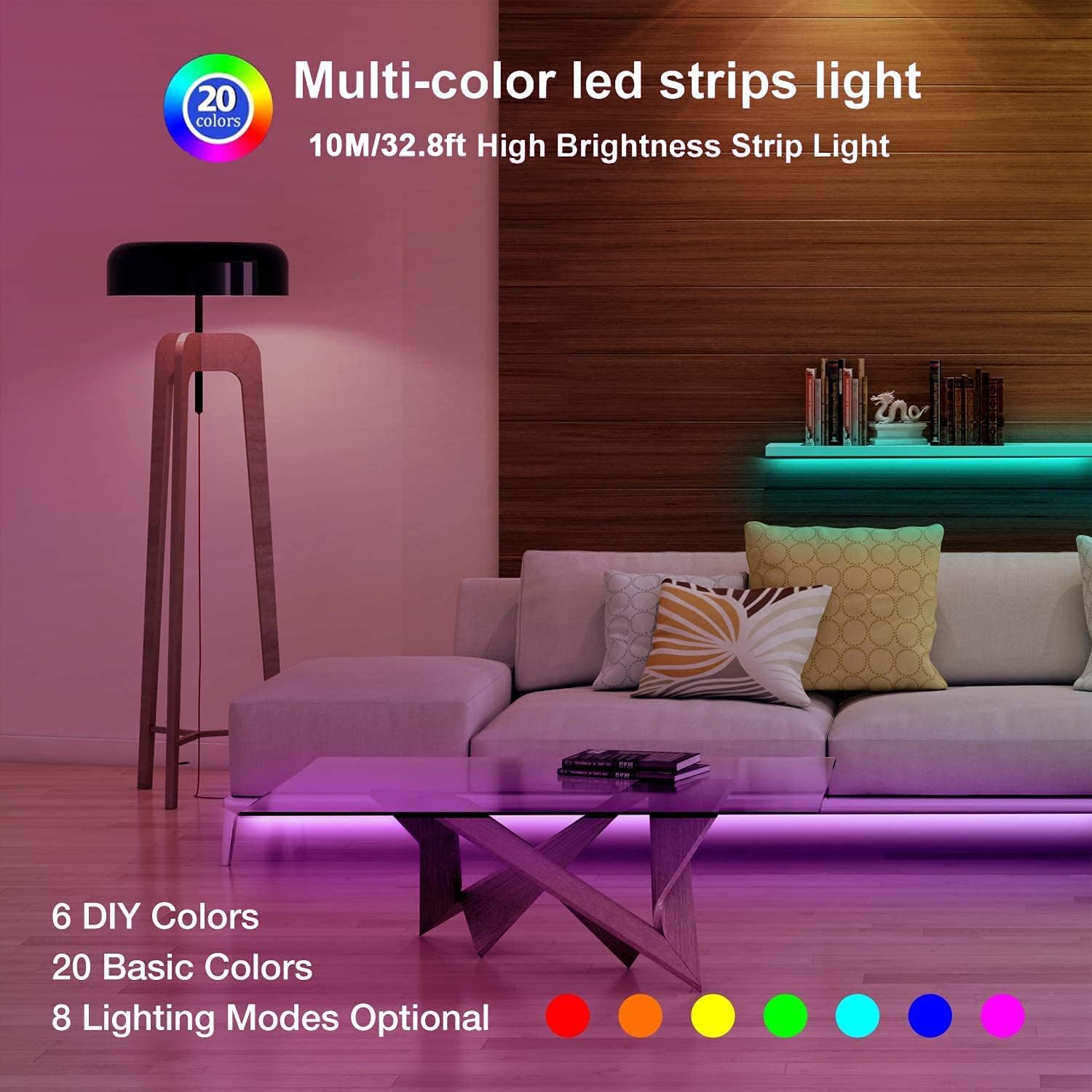 Led Strip Lights 32.8FT/10M, Color Changing Light Strip with 44-Keys Remote, 600LEDs Bright RGB LED Lights, DIY Color Options Tape Lights, Power Supply Led Lights for Bedroom Home Kitchen Decoration…