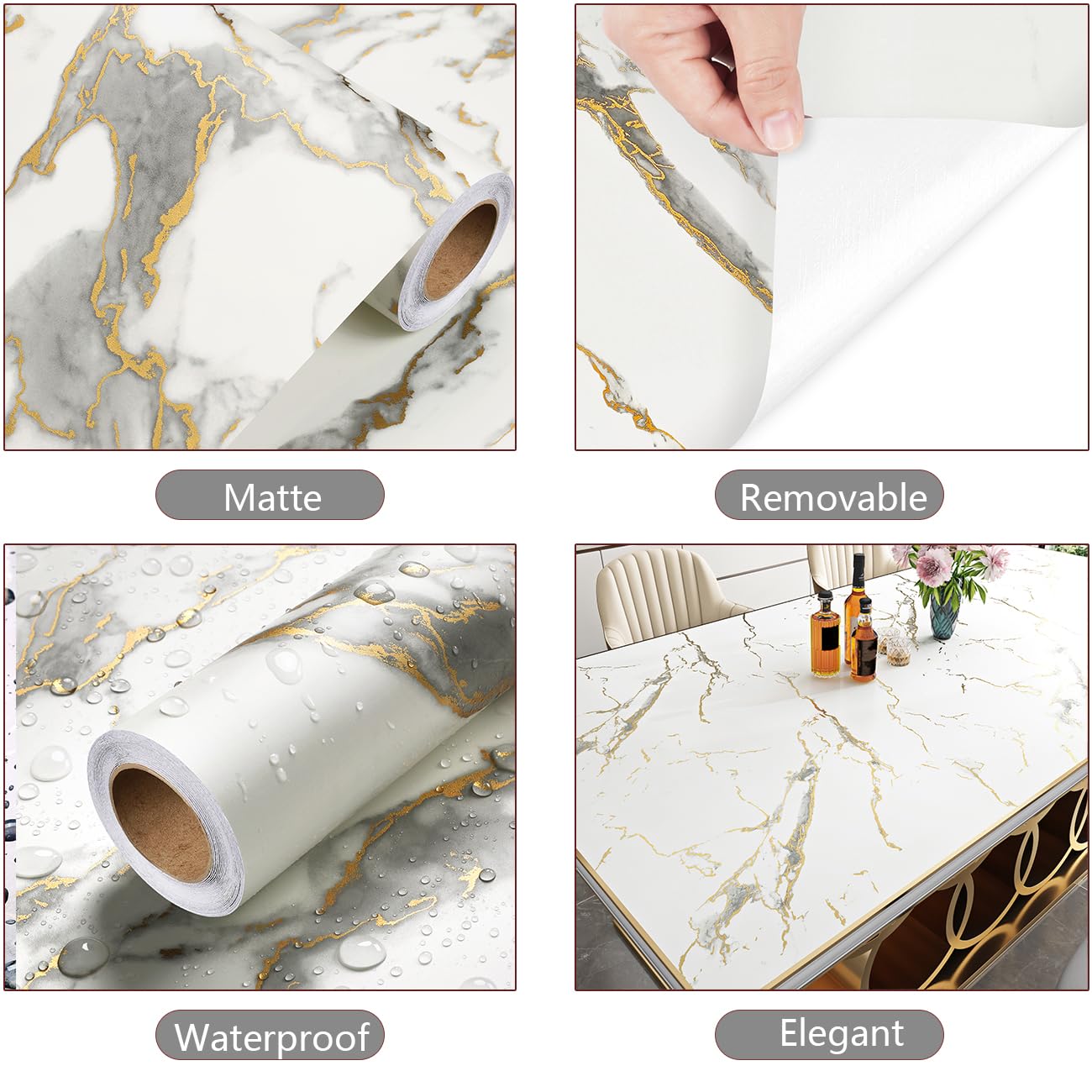 YENHOME Vinilo Adhesivo Muebles Blanco Marmol Dorado 90x300cm Vinilo Adhesivo Decorativo Efecto Mármol Dorado para Baño Salon Cocina PVC Papel Pintado Marmoleado Autoadhesivo para Armario Puerta Mesa