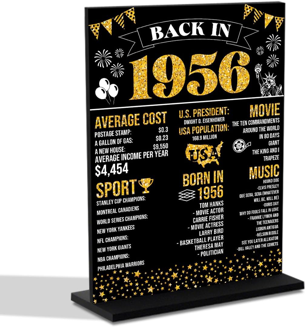 Black 70th Birthday Decorations for Women Man Back In 1956 Black Acrylic Sign Year Old Table Poster With Stand Party Supplies 1956 Birthday Decorations for Display Holder Table