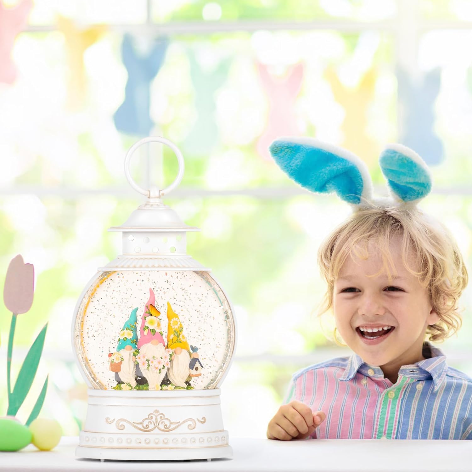 Spring Home Decor Spring Snow Globe 6H Timer with Swirling Glitter,Spring Gnomes Decorations Spring Holiday Easter Decorations for Home Shelf Decor and Gifts,Battery Operated & USB Operated - Image 3