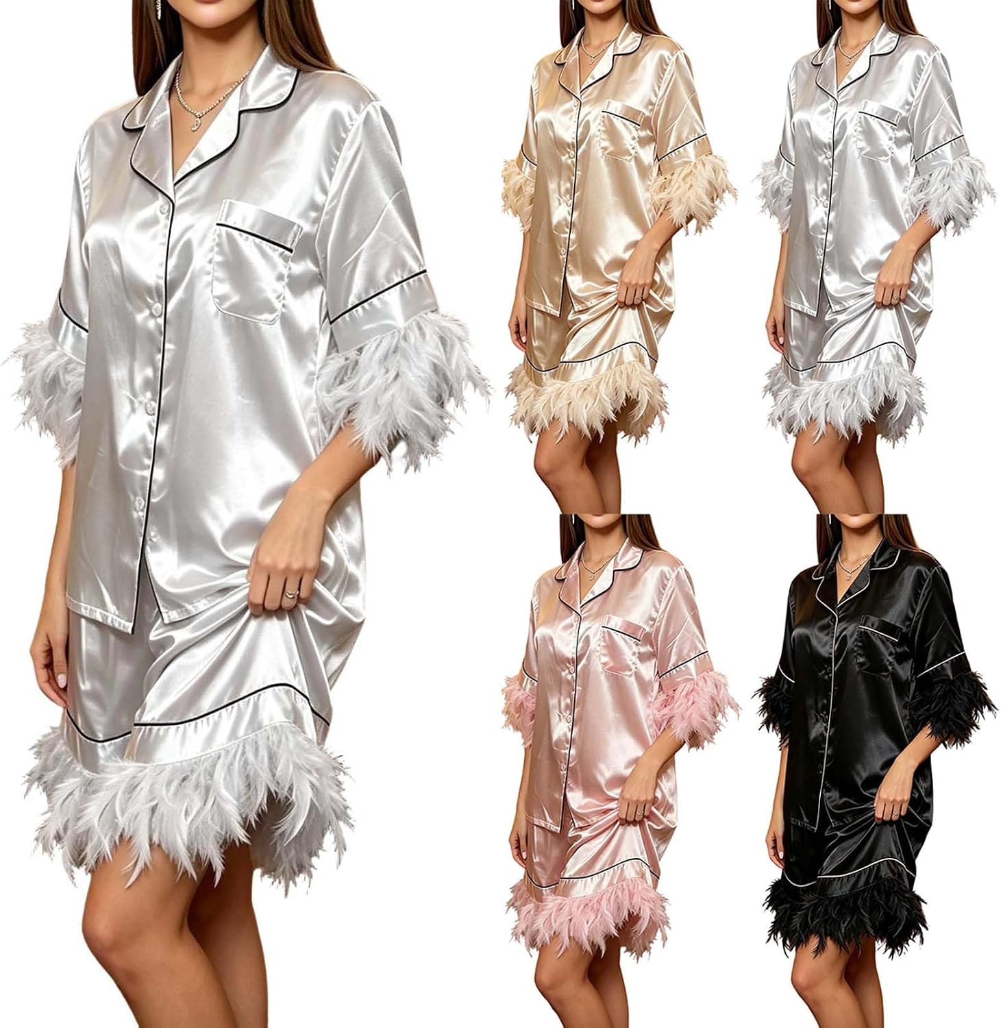 Women's Pajama Set Satin Fluffy Trim Button Top and Long Pants Lounge sets | Chest Pocket Tops Pants pajamas 2 Piece, Sleepwear Pjs Sets, Home Party Daily Wear Sleepovers Vacation Maternity Loungewear