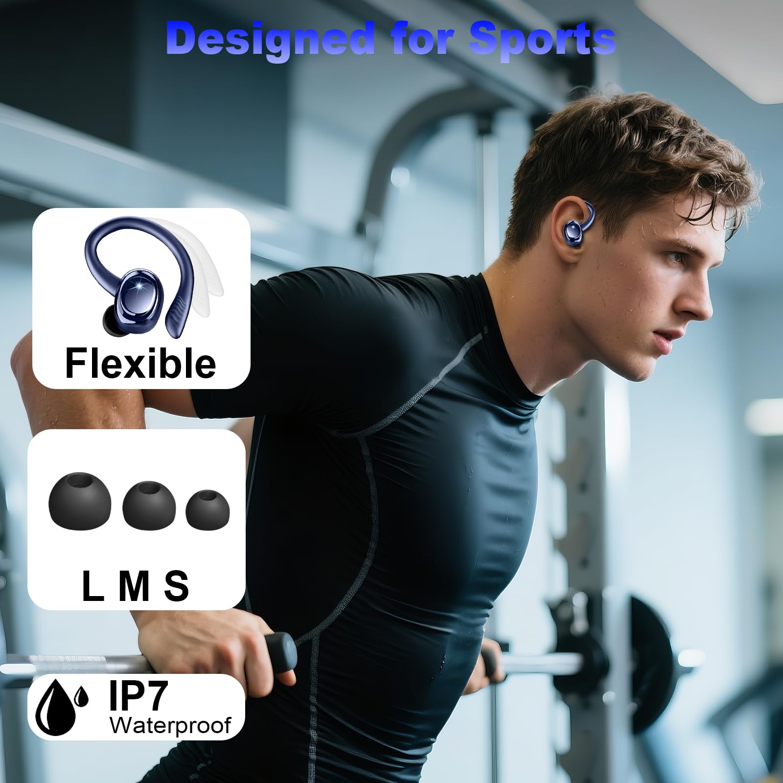 Auriculares Inalámbricos Bluetooth Deportivos, 60H Auriculares Bluetooth 5.4 con HiFi Estéreo, 4 ENC Mics, 2026 Cascos Inalambricos con Cancelación RuidoI/IP7 Impermeable/Azul Auriculares para Correr