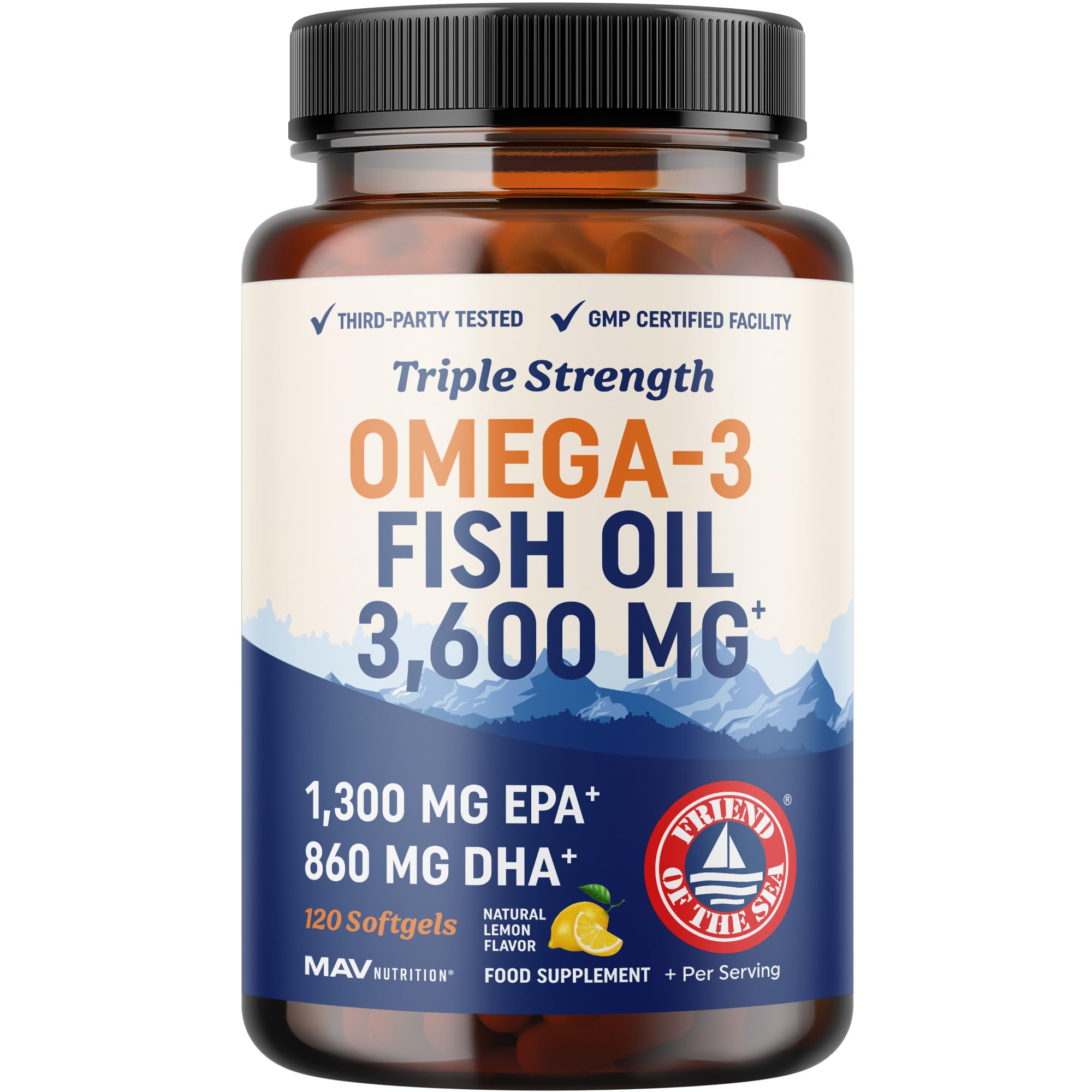 Triple Strength Omega 3 Fish Oil 3600 mg | EPA & DHA | Over 2100mg Omega-3 Fatty Acids | 1300mg EPA + 860mg DHA | Best Essential Fatty Acids | Premium Wild Caught & Burpless Fish Oil | 120 Ct