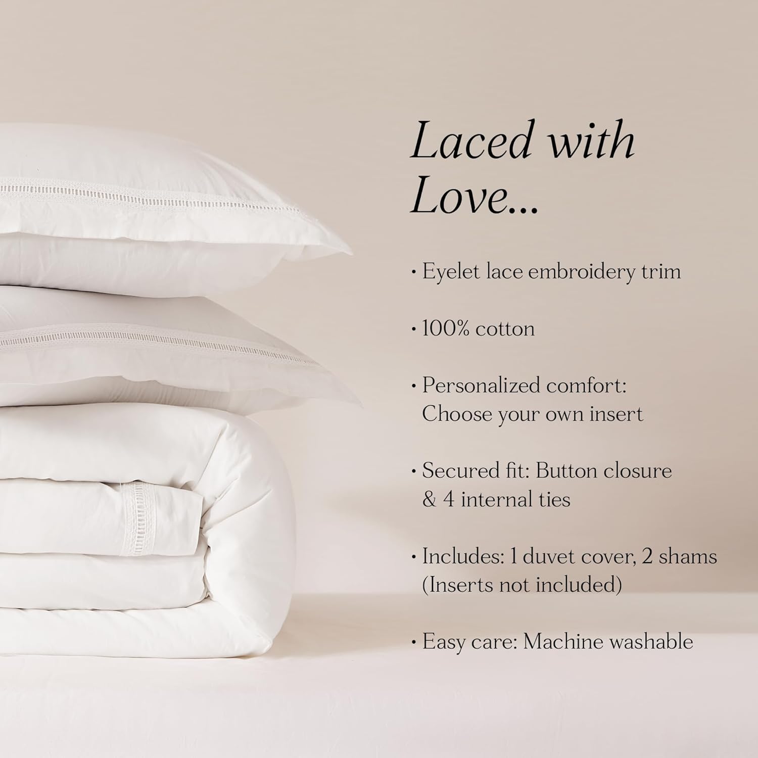 Lush Decor Doris Eyelet Inset Trim Cotton Duvet Cover 3 Piece Set King White - White Duvet - Neutral Bedding Set - Country Cottage Style