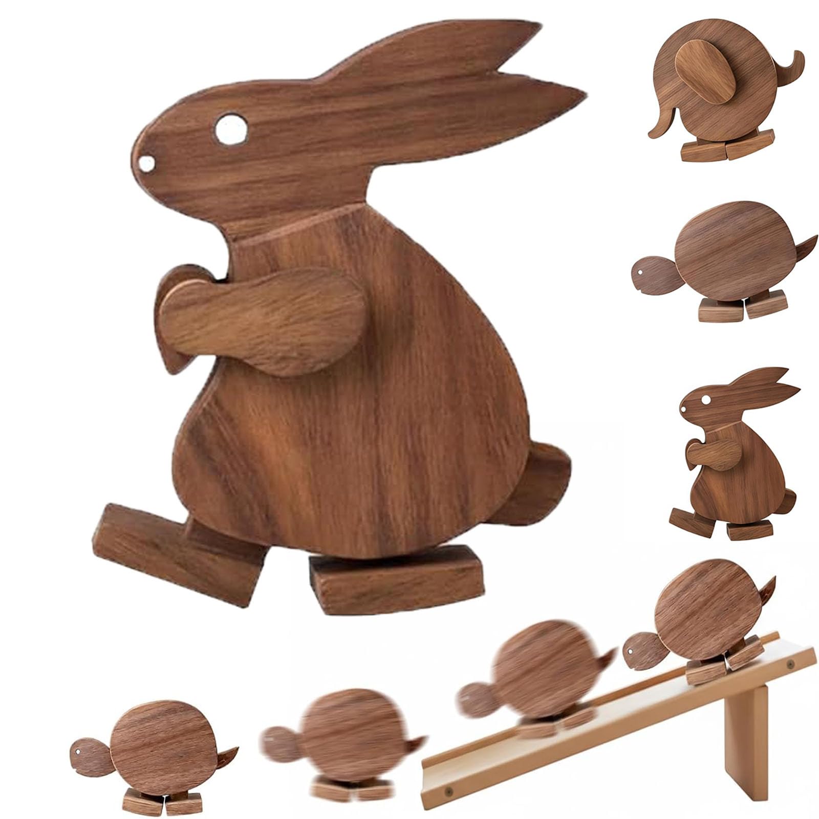 Weiwogu Rabbit Handmade Walking Wooden Animals, Wooden Walking Animal Figures With Ramp, Gravity Powered Mechanical Balance Turtle Elephant Walker Sculpture, Kinetic Desk Ornament Decor (Rabbit)