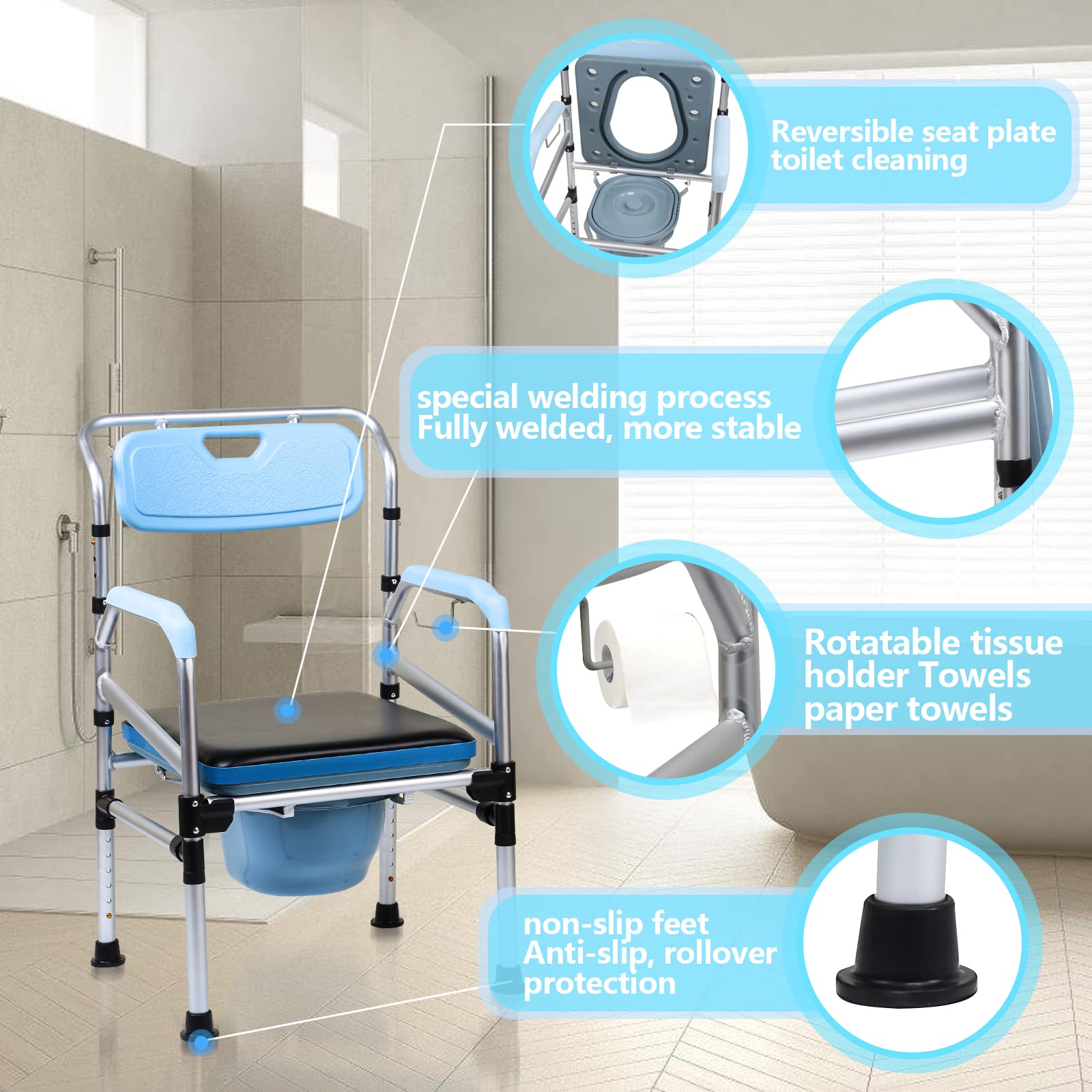 Sedia da toilette regolabile in altezza, seduta imbottita, bracciolo e schienale – secchio portatile pieghevole – sgabello da doccia fino a 160 kg