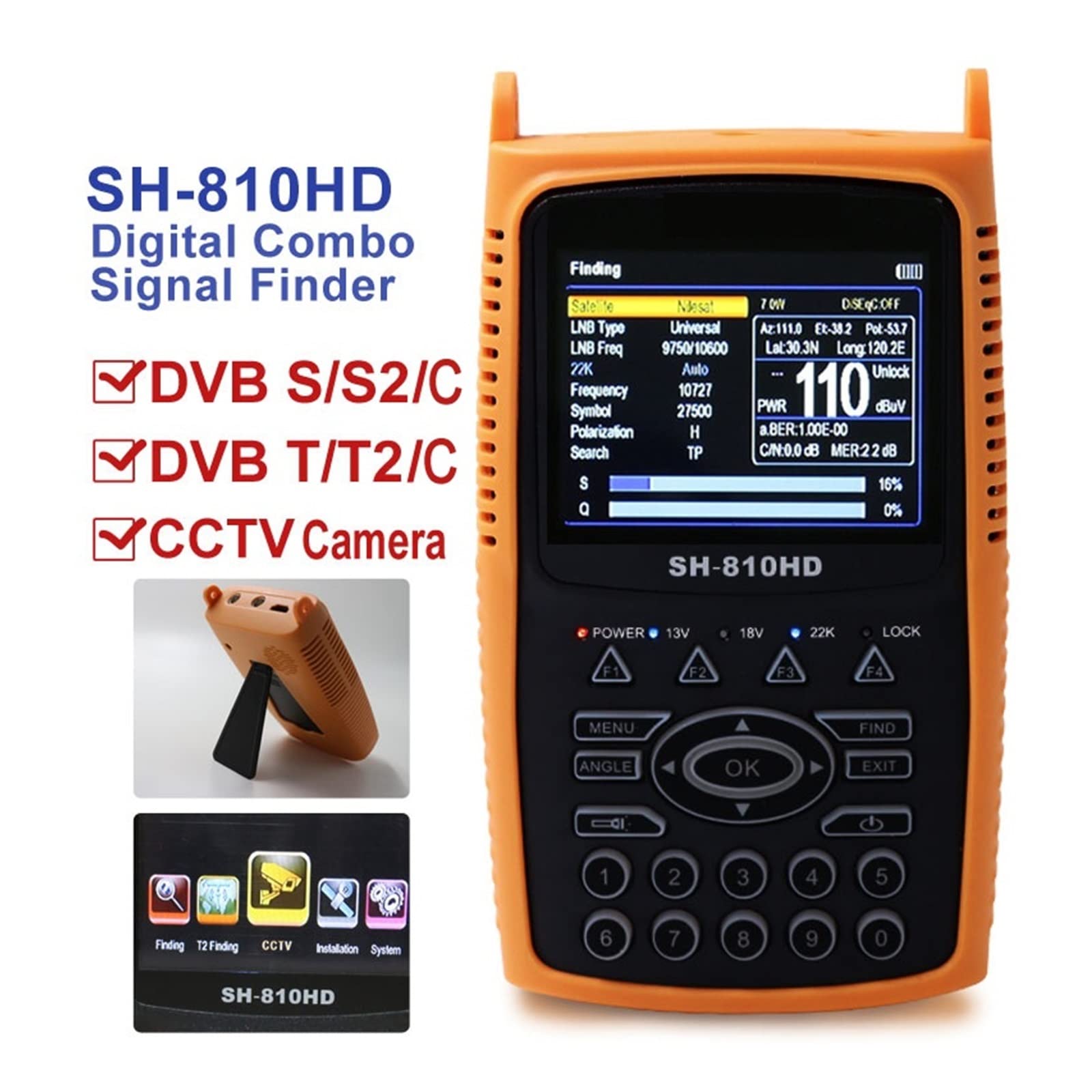 Wyszukiwarka sygnału satelitarnego, Cyfrowa wizjer satelity Combo wizjer satelity DVB S2 T2 C wyszukiwarka sygnału satelitarnego SATHERO SH-810HD Tester kamery CCTV AHD Do ustawiania anteny satelitarn