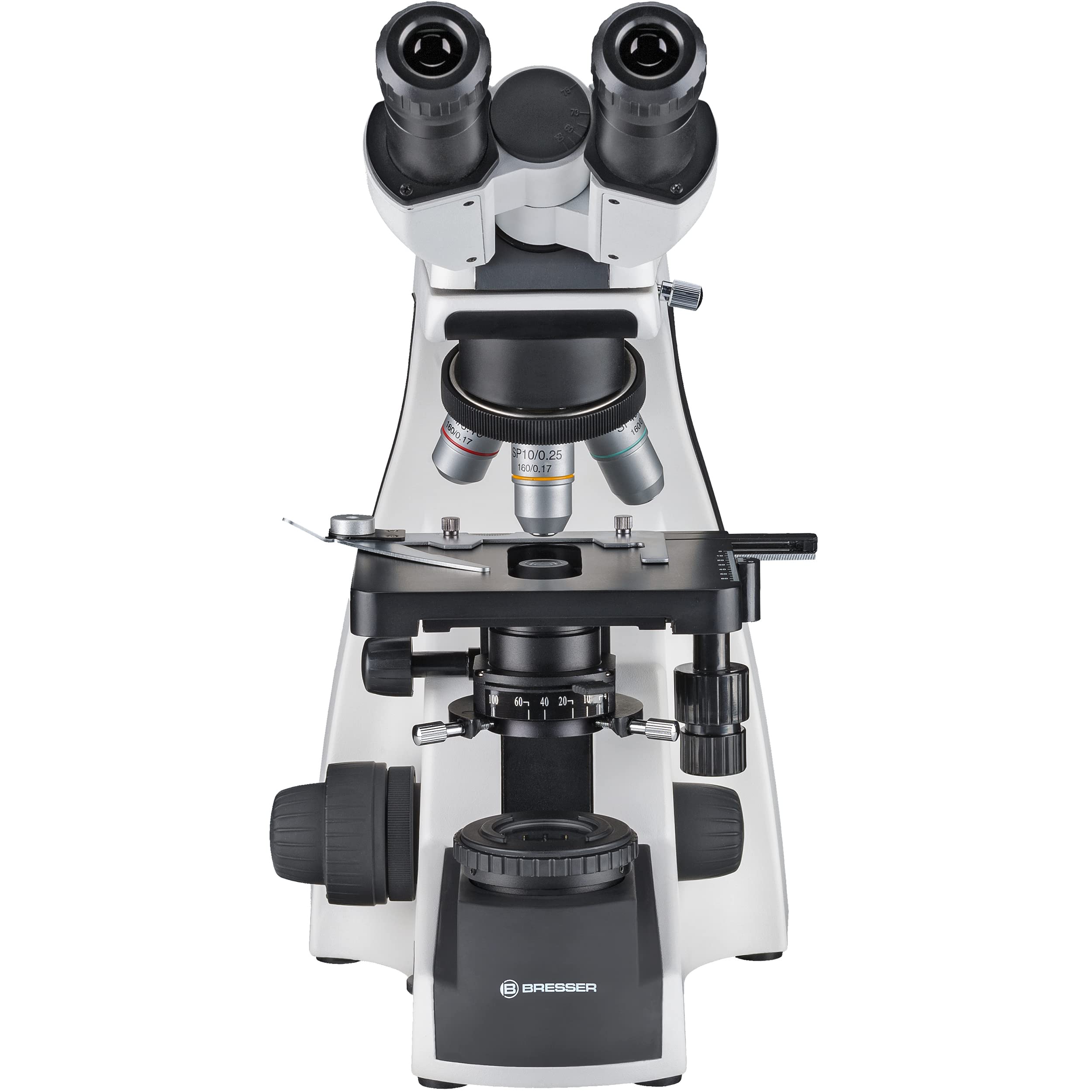 Bresser binokulares Durchlicht Mikroskop Science TFM-201 Bino 40-1000x Vergrößerung, mit Köhlerscher Beleuchtung, koaxialem Kreuztisch und sehr heller 3W LED-Beleuchtung, für gehobene Ansprüche ,Weiß | Köhlersche Durchlichtbeleuchtung, 4 Semiplan Objektiv