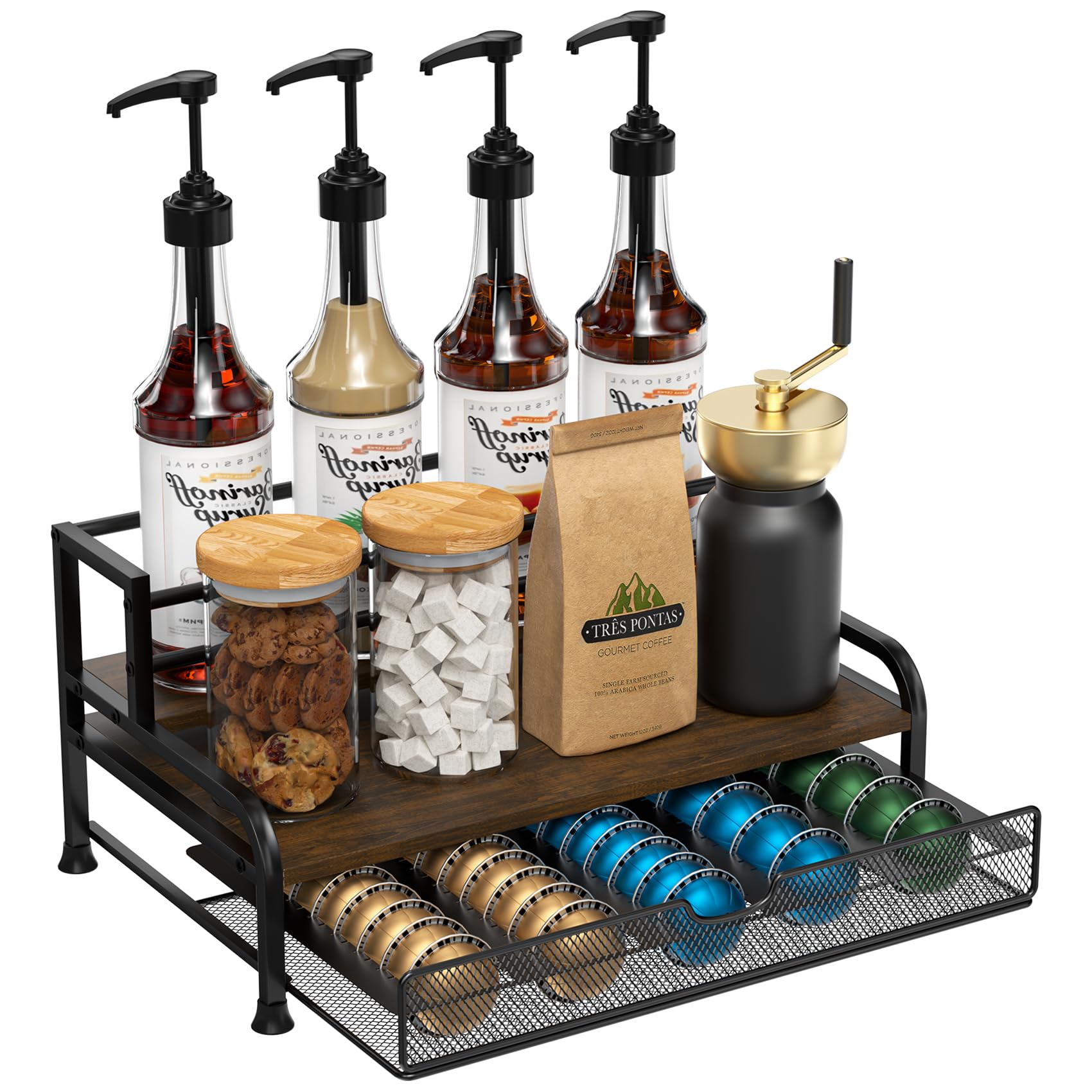 Organizador de jarabe de café, estante de jarabe de 3 niveles para 8 botellas con cajón para cápsulas Nespresso, capacidad para hasta 30 cápsulas grandes o 40 pequeñas, organizador de barra de café de