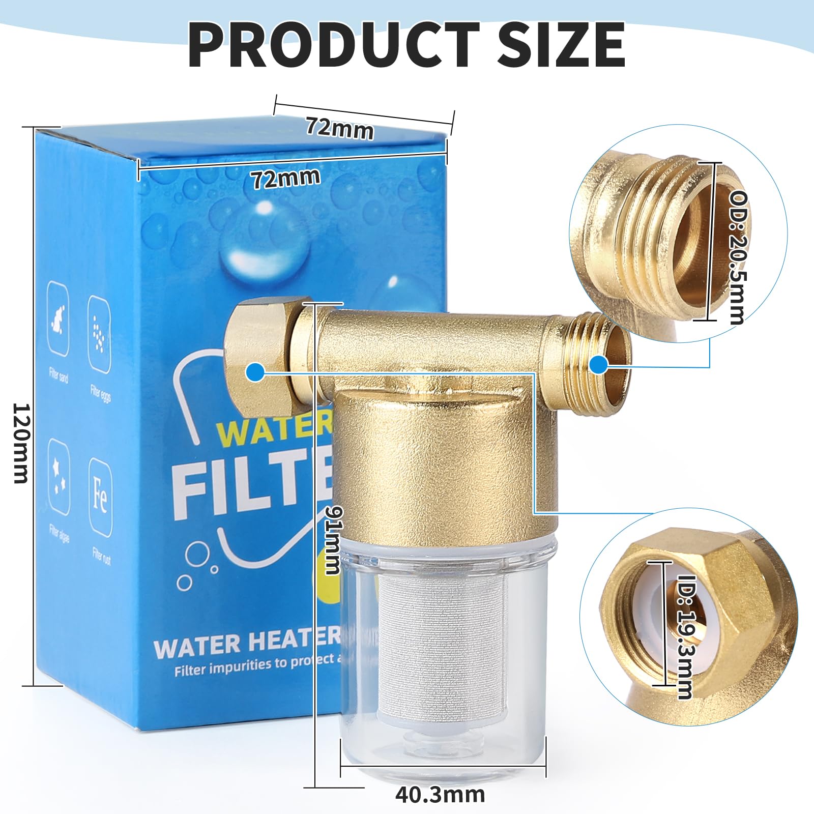 SWAWIS Filtre à eau 1/2" en Laiton Préfiltre 40 μm Filtre Efficacement les Impuretés de L'eau Pour Sorties D'eau Comme les Douches, Robinets, Machines à Laver, Filtres