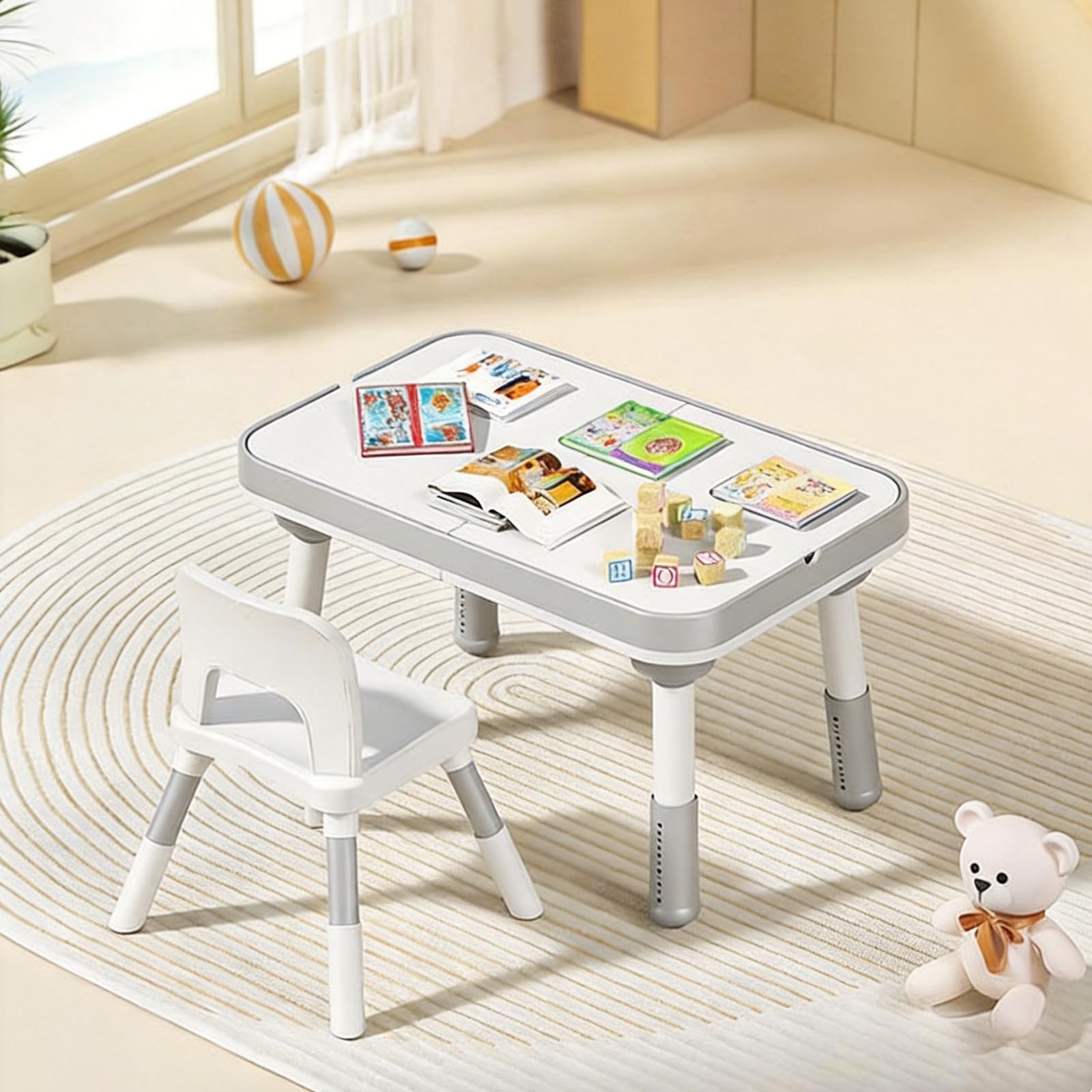 HOMCENT 6-in-1 Kids Sensory Table & Chair Set, Height Adjustable Toddler Table (Gray)